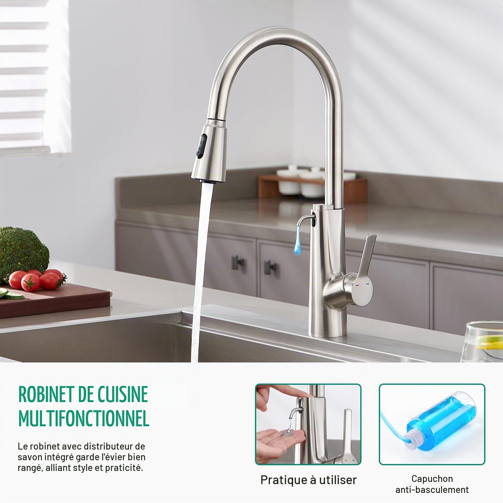CREA Robinet de Cuisine Distributeur de Savon Encastrable,Mitigeur Cuisine avec Douchette Extensible, Robinet Evier de Cuisine avec 3 Douchette Modes, Pivotant à 360°,Brossé