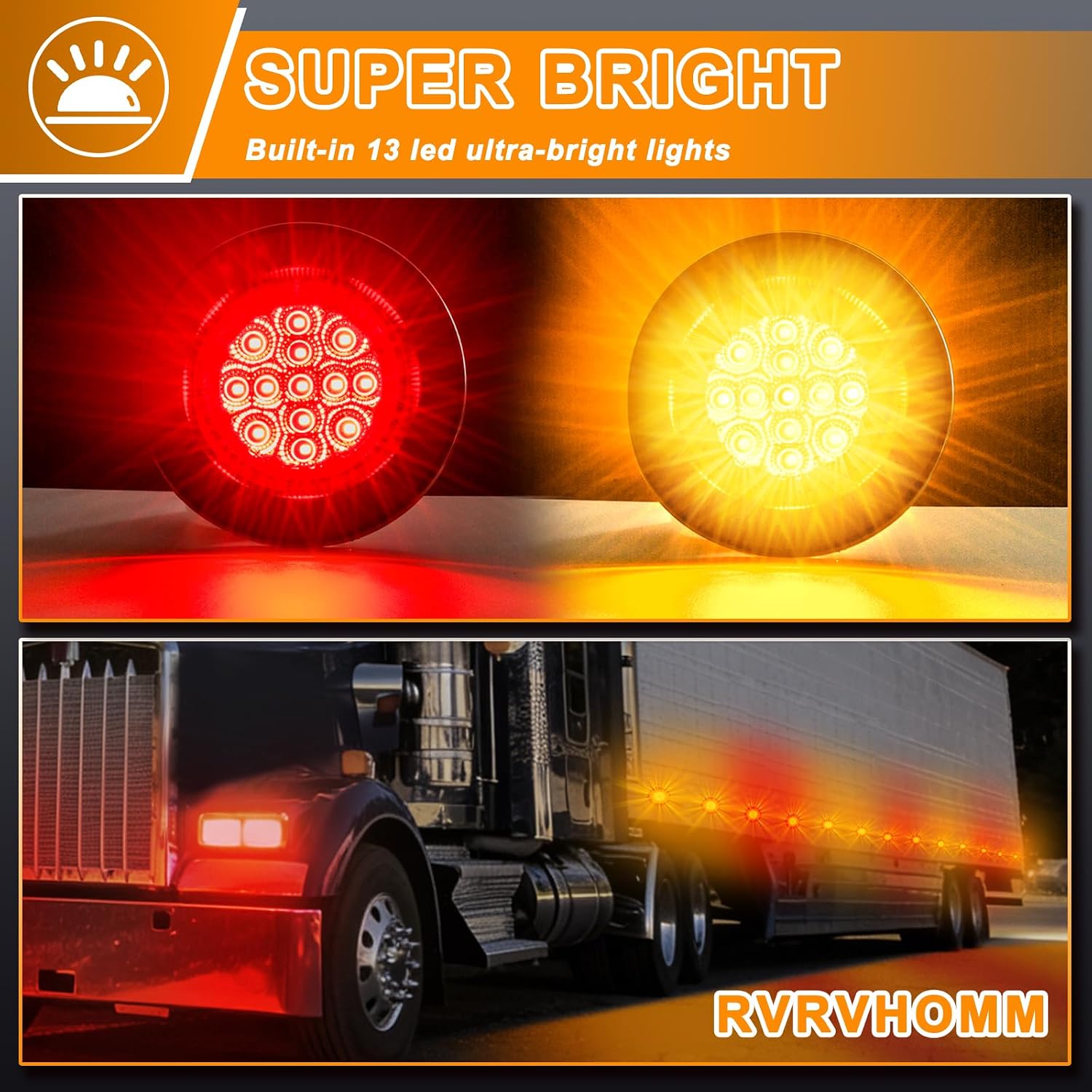 2.5" Round 5 Amber + 5 Red 13 LED Side Marker Clearance Lights Waterproof with Rubber Grommet and Wire Pigtail for 12V Truck Trailer RV with Reflectors