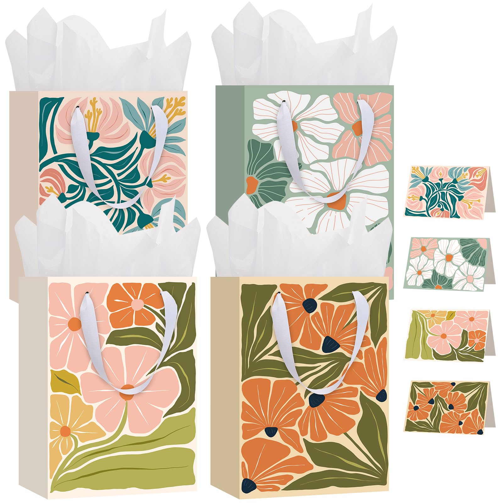woric 4 Pcs Clash Flowers Gift Bags for Presents, 27 * 20 * 12cm Medium Paper Gift Bag with 8 Tissue Paper & 4 Greeting Cards Birthday Gift Bag for Party Wedding Bridal Shower Baby Shower — image 1