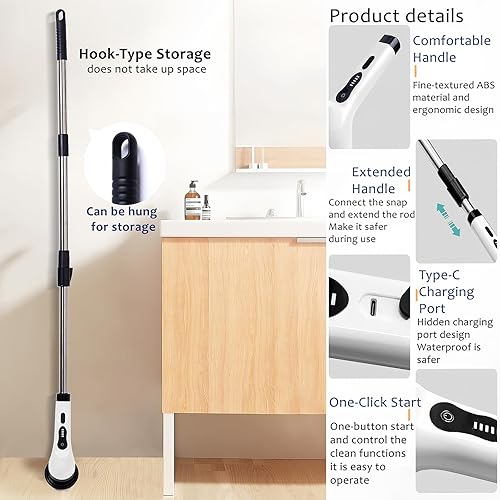 Miniatura 5 de Limpiador eléctrico giratorio  Cepillo de limpieza inalámbrico con 9 accesorios para ducha y limpiador de lechada, mango de extensión ajustable,