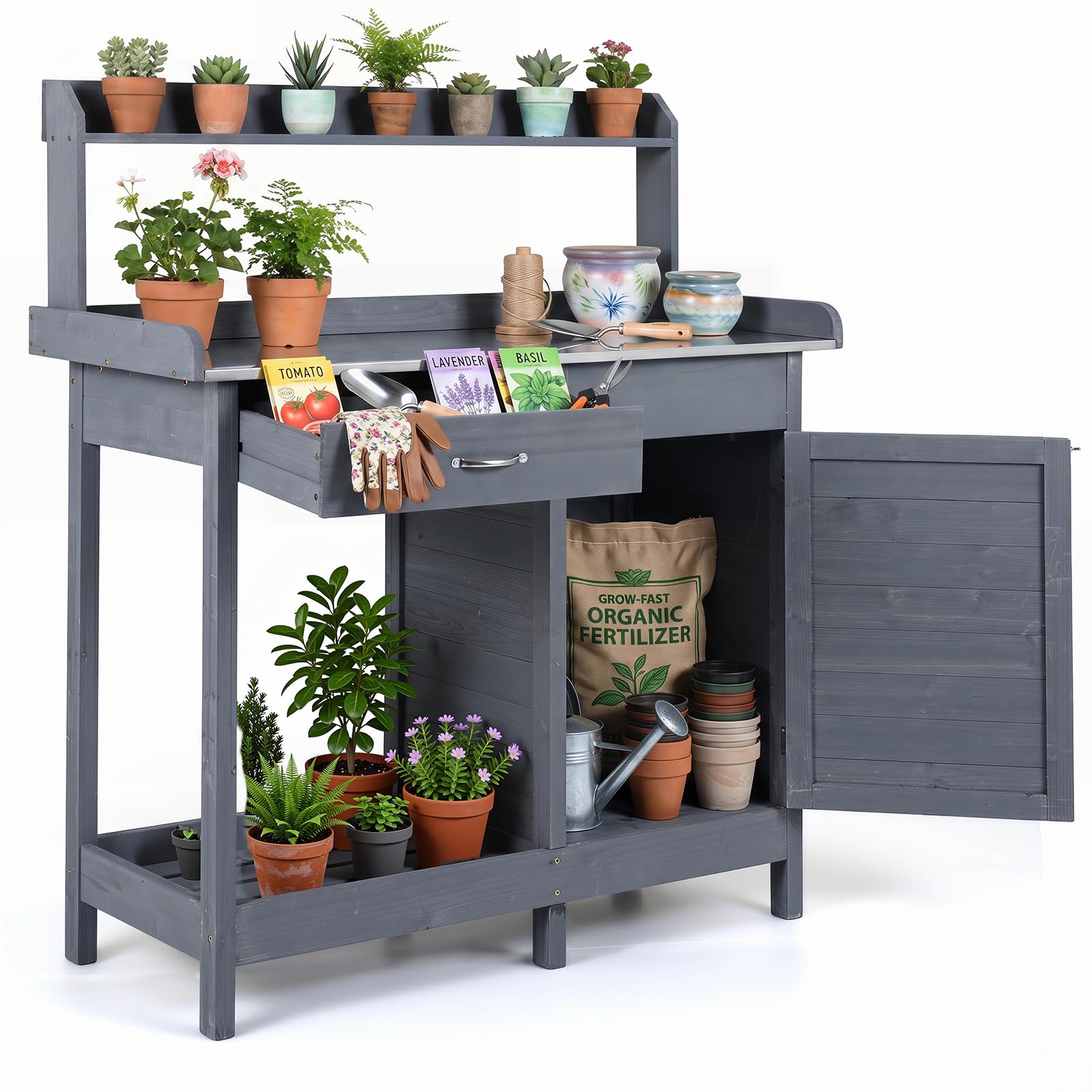 COSTWAY Pflanztisch mit Schubladen & Unterschrank, Gärtnertisch Outdoor