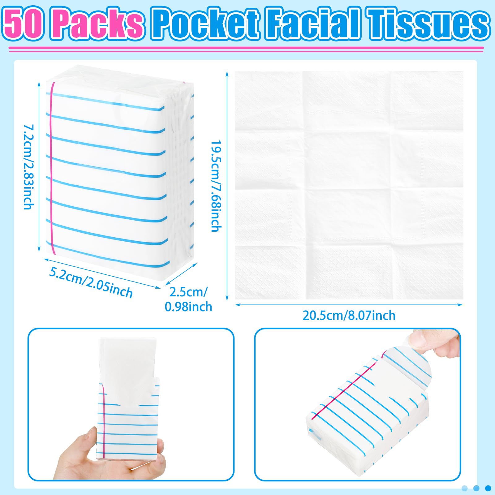 Ctosree 50 Stück Taschentücher, Reisepackungen, Großpackungen, 500 Blatt, kleine Taschentücher, Taschenpackungen, 3-lagig, Mini-Reisegröße, einzeln (klassisch)