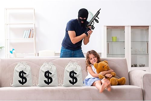 Miniatura 6 de Juego de 9 bolsas inflables de lona para dinero con cierre de cordón, pistola inflable, fiesta temática de cosplay de los años 20, decoración de