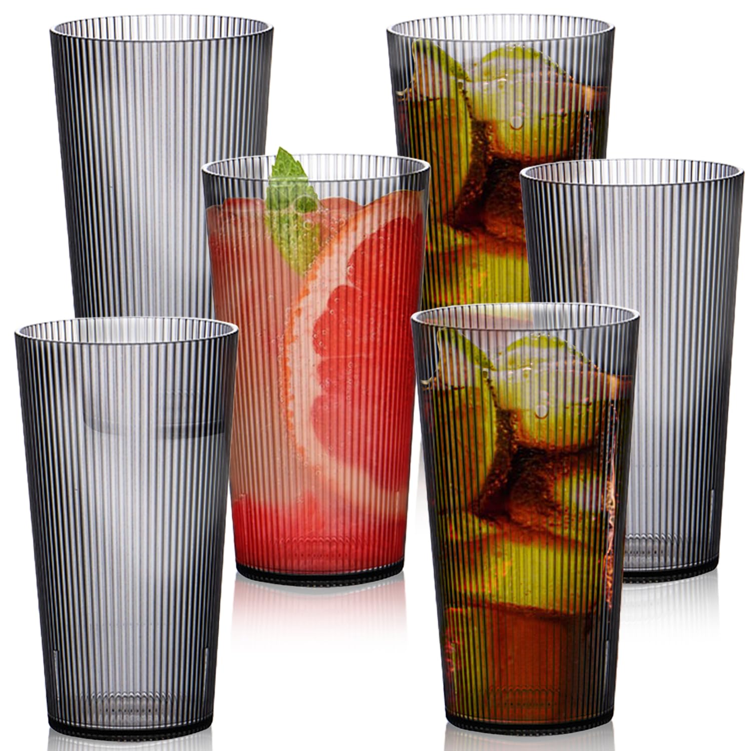 LOSYHU 500ml Plastic Tumblers Set of 6 Acrylic Drinking Glasses Unbreakable Acrylic Tumbler Glasses with Stripe Design