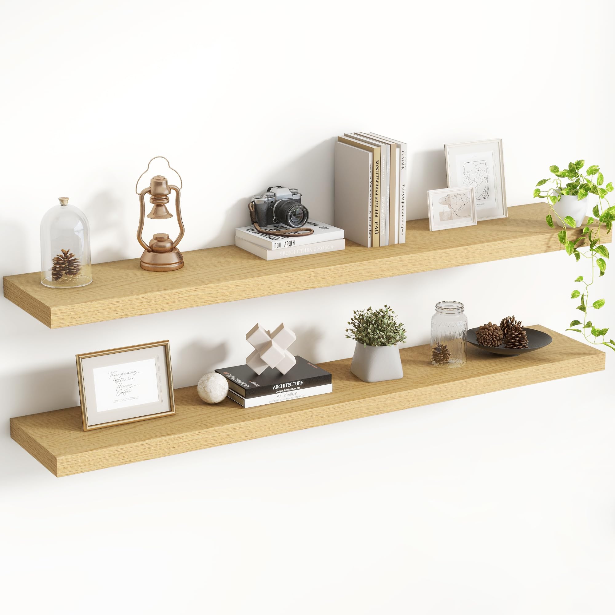 Acovy Floating Shelves for Wall, Extra Deep 120cm Long Wooden Wall Mounted Shelf, Wall Shelves for Living Room Bathroom Bedroom Kitchen, Oak, Set of 2