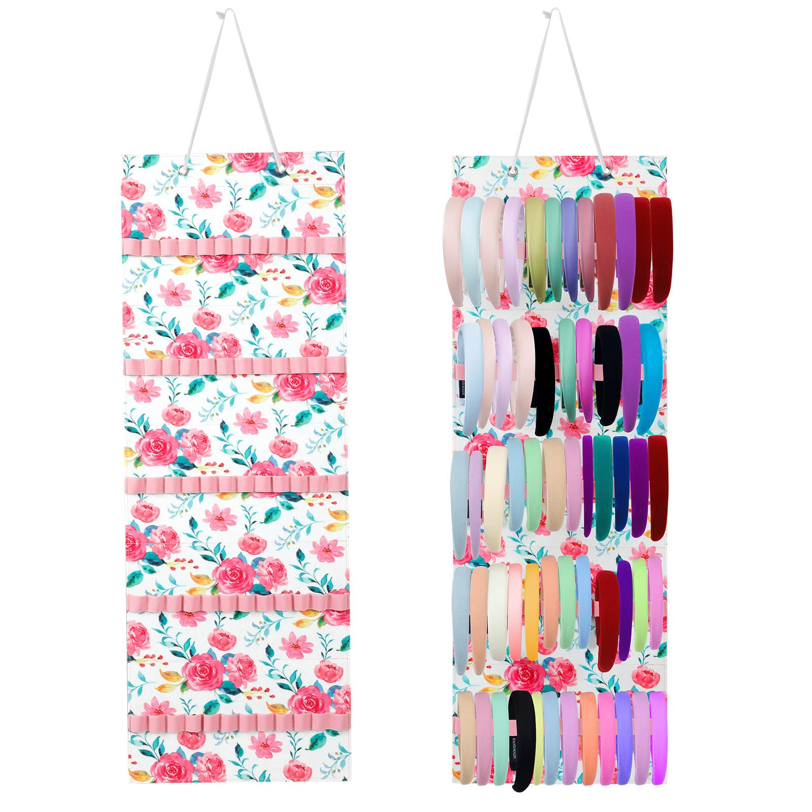 Tudomro Hanging Headband Holder for Girls Felt Hair Accessories Organizer with 60 Elastic Bands Bow Hanger for Girls Hair Bows Without Headbands(Pink,