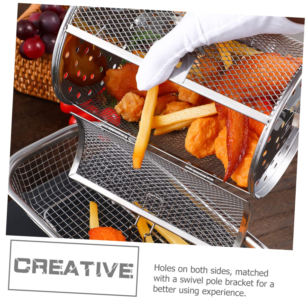 Yardwe Panier De Four À Tambour En Acier Inoxydable 25X14X14Cm Cage De Rôtissoire Rotative Accessoire De Cuisson Pour Barbecue Et Friteuse À Air