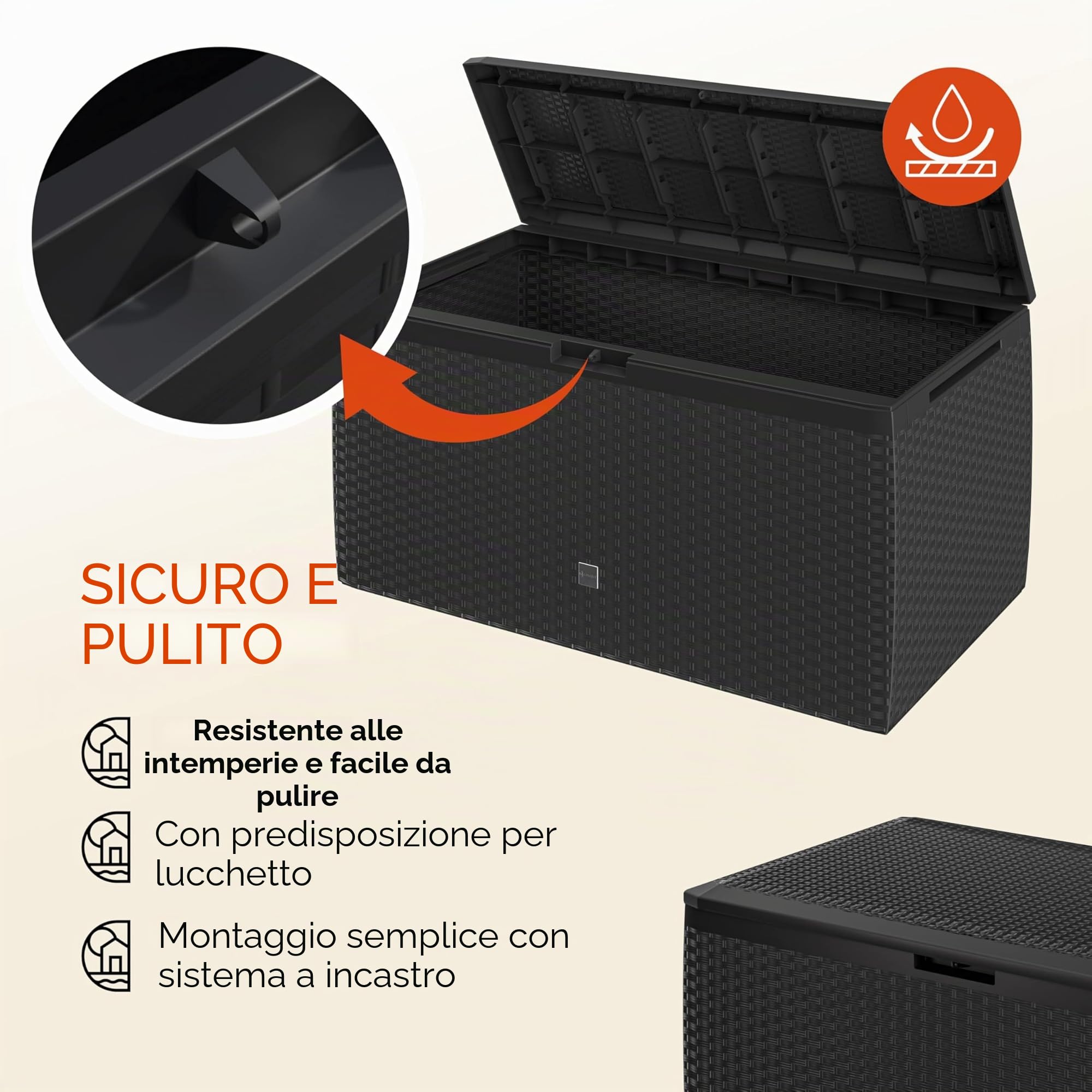 Casaria® Baule da Giardino 117x47x60cm Aspetto Polyrattan 290L Box Multiuso Multibox Cuscini 6 Ruote Coperchio Esterno