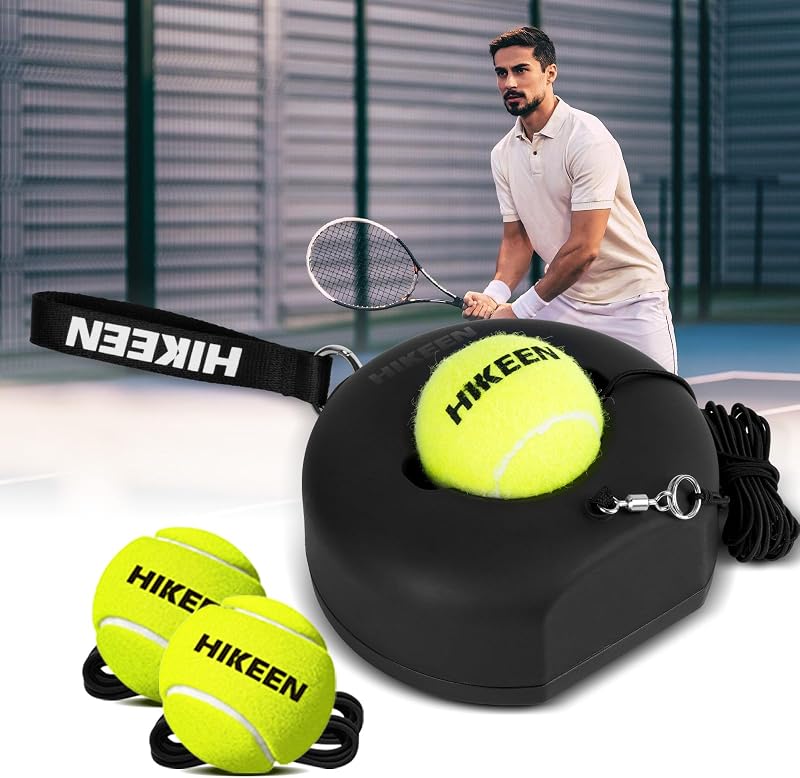 Hikeen Entrenador de tenis premium de rebote con base de metal, juego de entrenador de tenis individual portátil con 3 bolas de cuerda altamente elásticas, equipo de práctica de tenis para niños adultos y principiantes