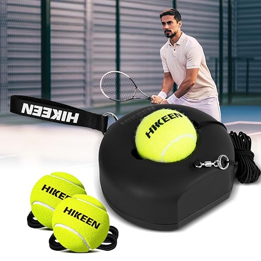 Hikeen premium tennis trainer rebound with metal base,portable solo tennis trainer set with 3 highly elastic string balls,tennis practice equipment for adult kids an beginners