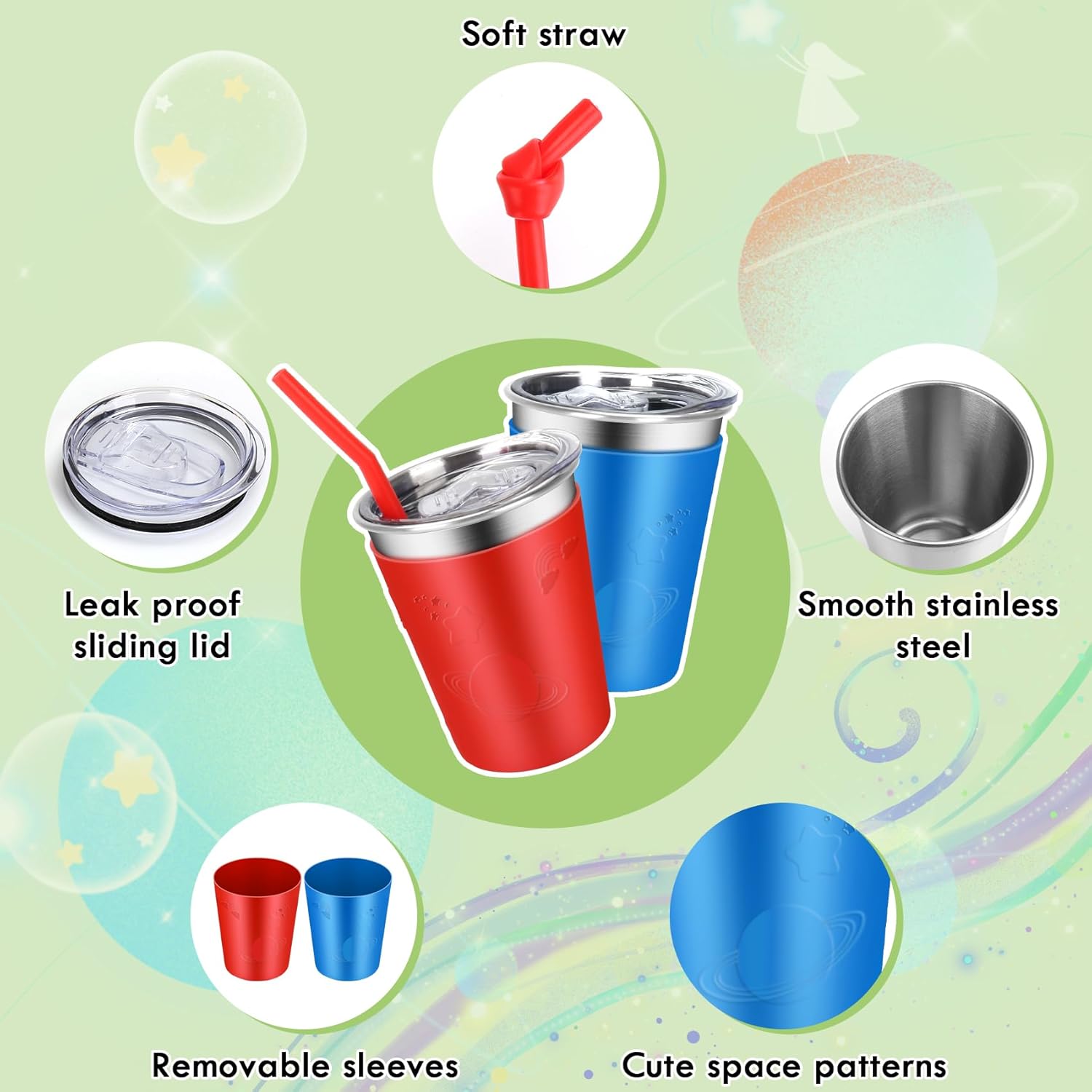 ShineMe Stainless Steel Kids Cups with Straws and Lids, 2 Pack Toddler Cups Spill Proof with Cute Sleeves in Bright Colors, 12oz Unbreakable Kids Drinking Tumblers for Cold/Hot Drinks (Red & Blue) - Image 3