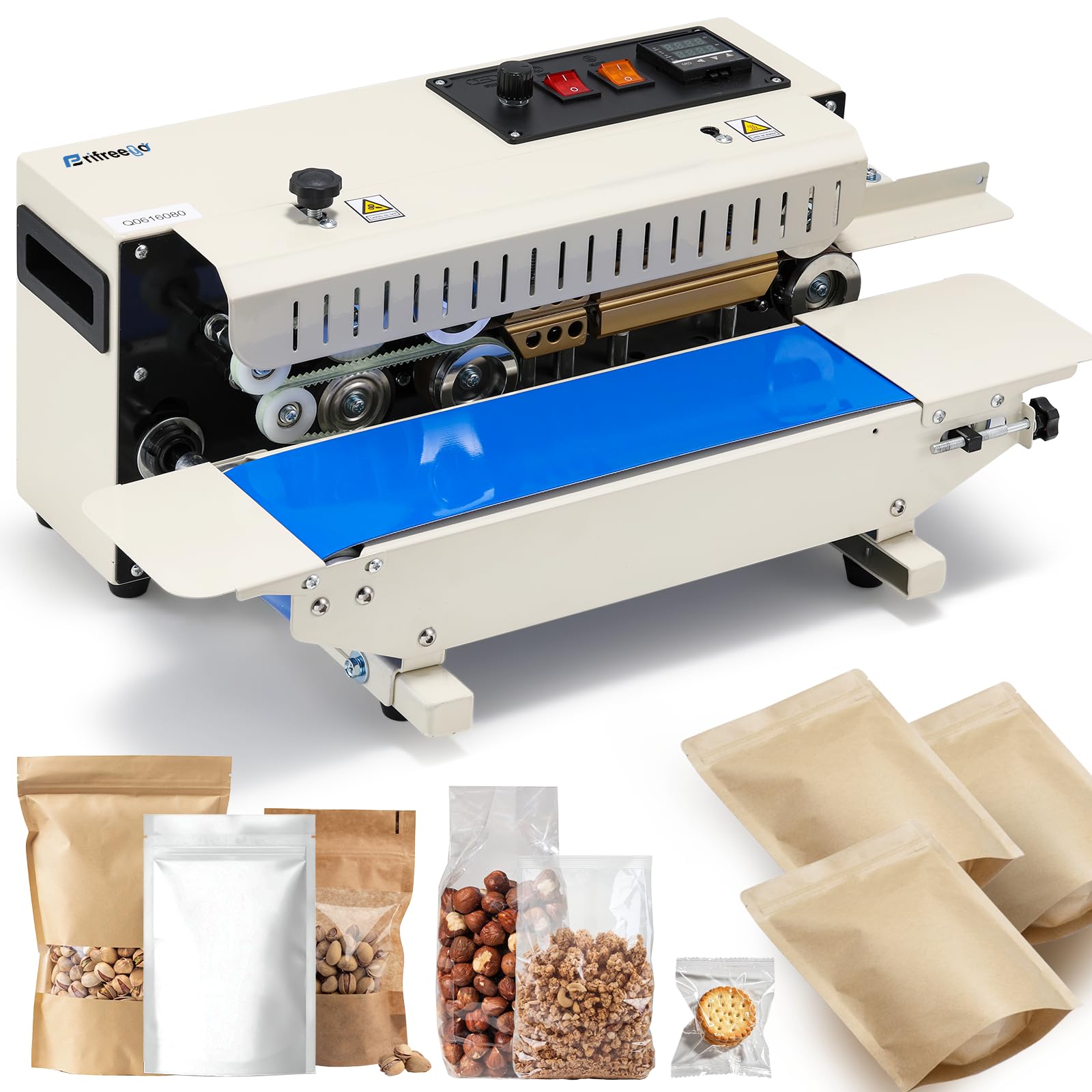 Frifreego エンドレスシーラー 業務用 自動シール機 卓上型 最大12m/min 0-300℃温度調整可能 デジタル表示 シール幅10mm 厚さ0.02-0.5mm 簡単操作 搬送トレイ付き フプラスチック袋/アルミ袋/クラフト紙など 上下ヒート 連続シーラー機 日本語取扱説明書付き