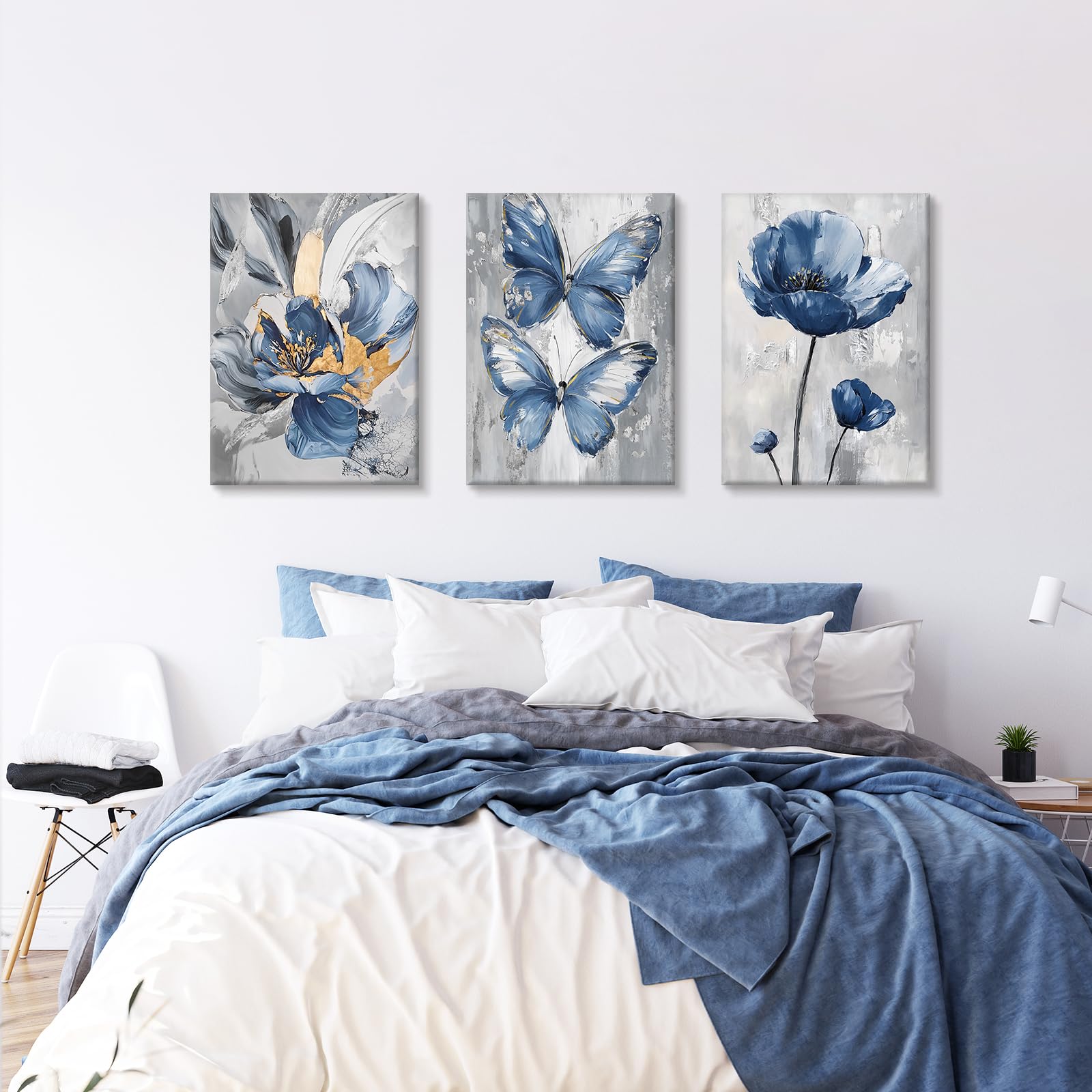 WENGTIAO Set of 3 Blue Butterfly Flowers Canvas Wall Art Prints Framed Pictures Vintage Abstract Floral Painting on Canvas Living Room Bedroom Home Wall Decor Ready to Hang 50x70cmx3 - Image 4