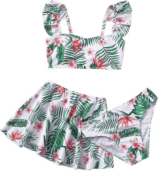 SOLY HUX Girl's 3 Piece Swimsuits Floral Print Bikini Bathing Suits with Beach Skirt