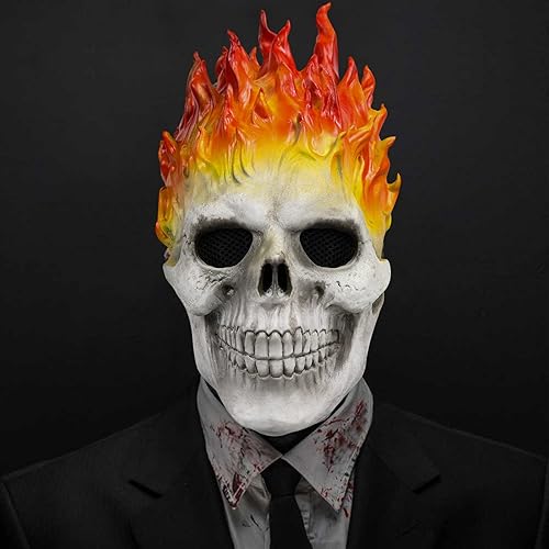 EJWCIG Máscara de jinete fantasma, máscara de calavera de llama demonio, máscara de esqueleto de cara completa, casco de terror para Halloween
