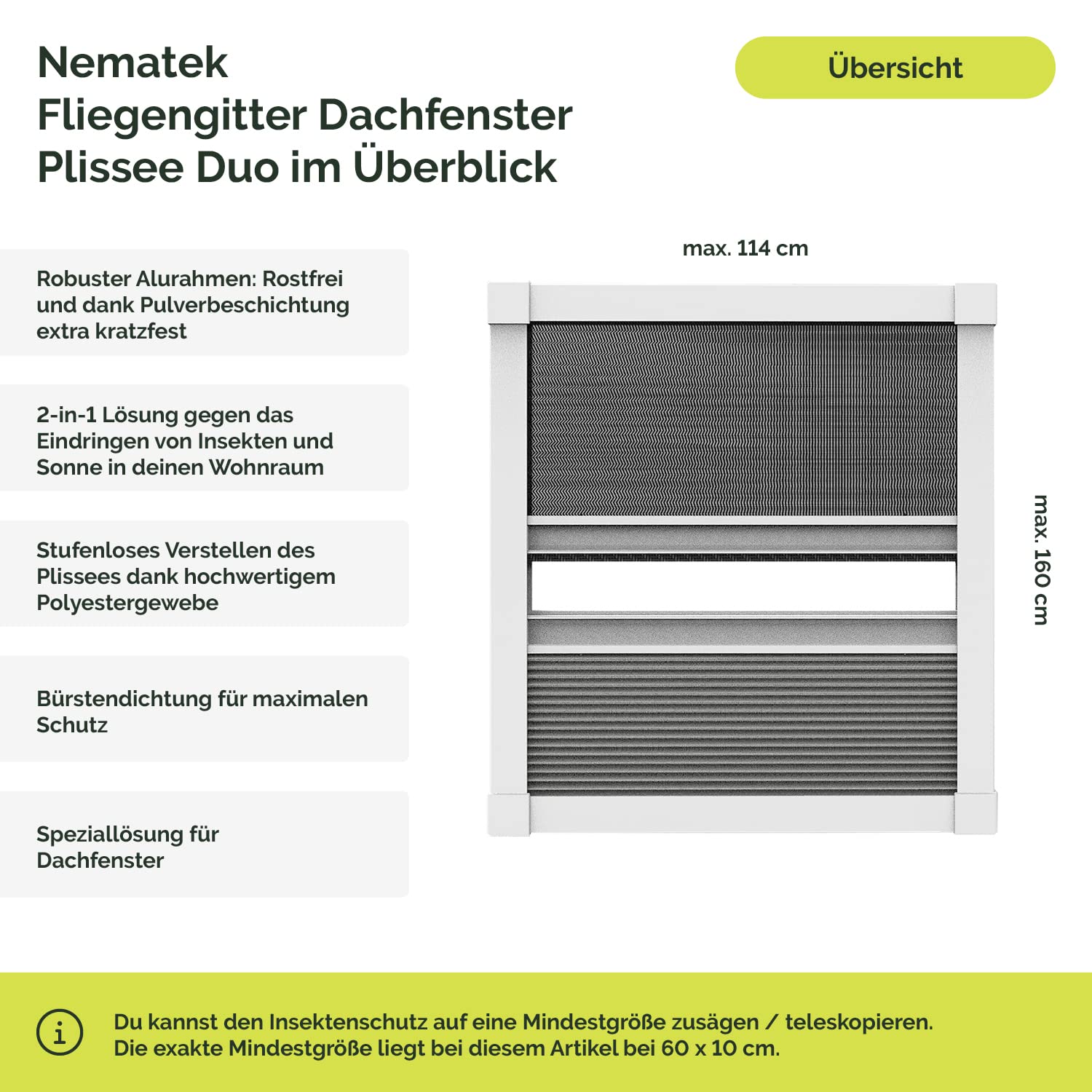 Nematek Fliegengitter Plissee für Dachfenster, weiß - Insektenschutz Dachfenster - Moskitonetz Mückengitter Fenstergitter Fliegenschutz (114 x 160 cm, Duo-Plissee)