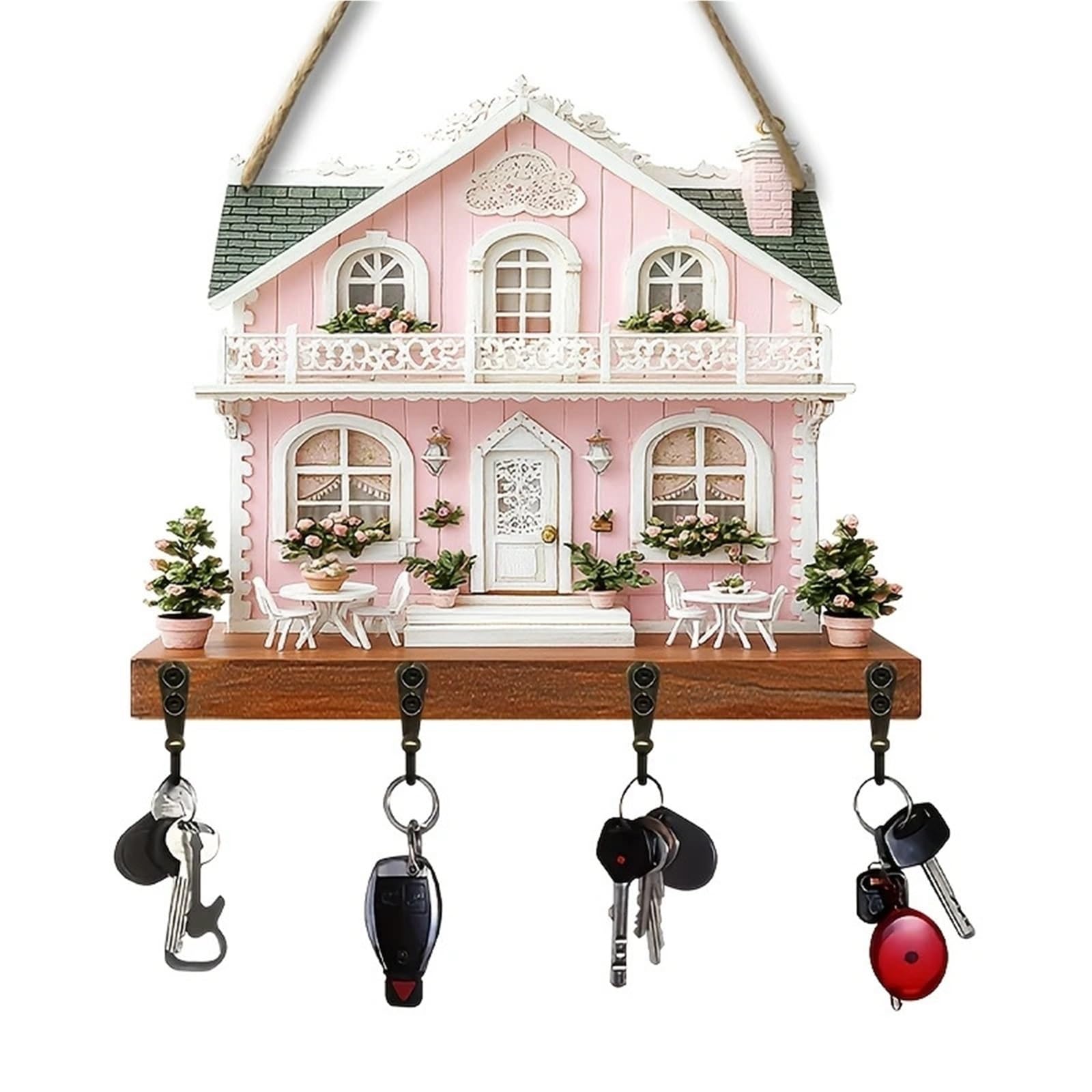Missffcat 2D Wooden Key Rack – Multifunctional Wall Decoration, 4 Durable Metal Hooks(Pink)
