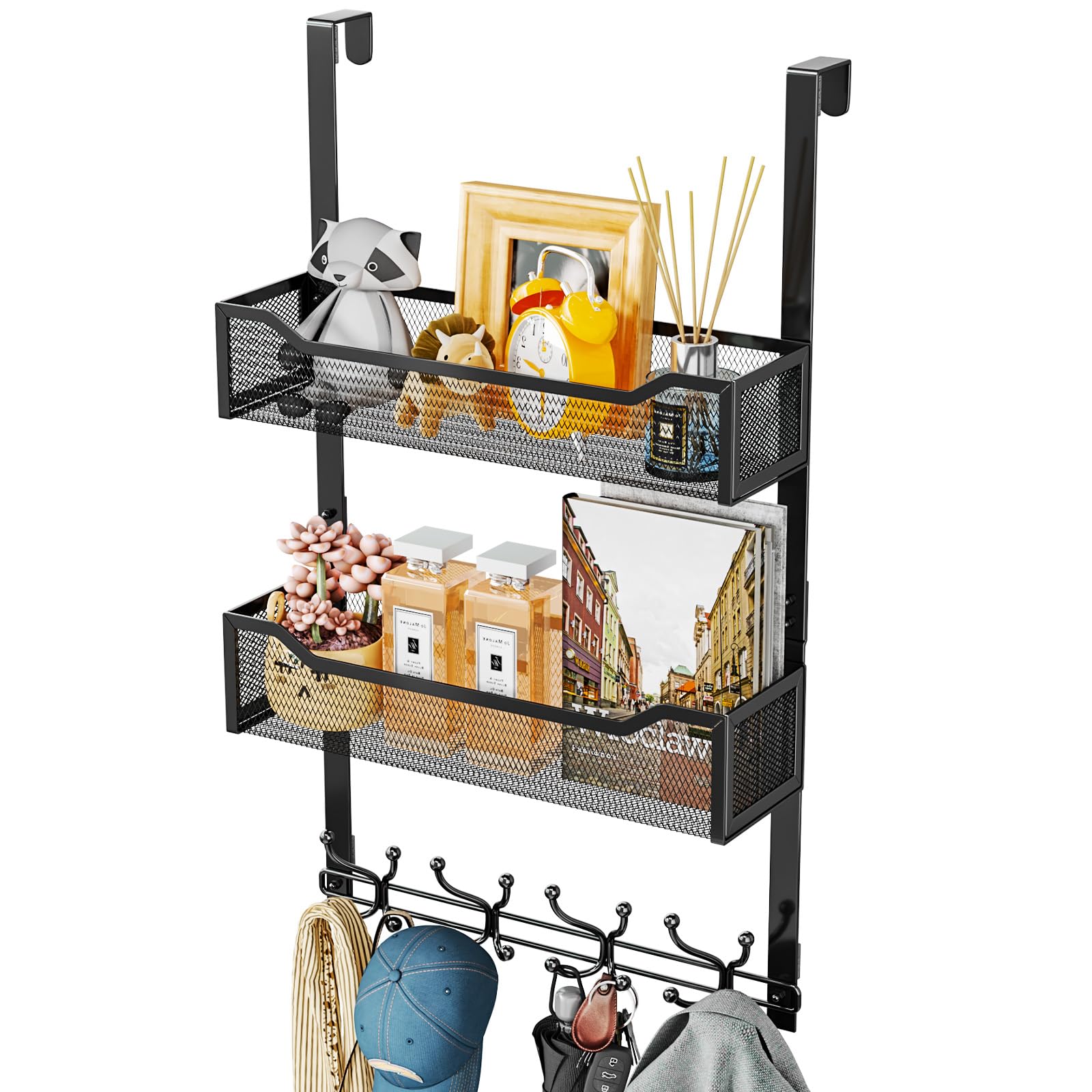 SWTYMIKI Over Door Hanger Hooks - Multi-Functional Coat Hanger with 16 Hooks & 2 Mesh Baskets, Door Hangers for Clothes, Bedroom, Living Room, Home Storage Organiser, Black