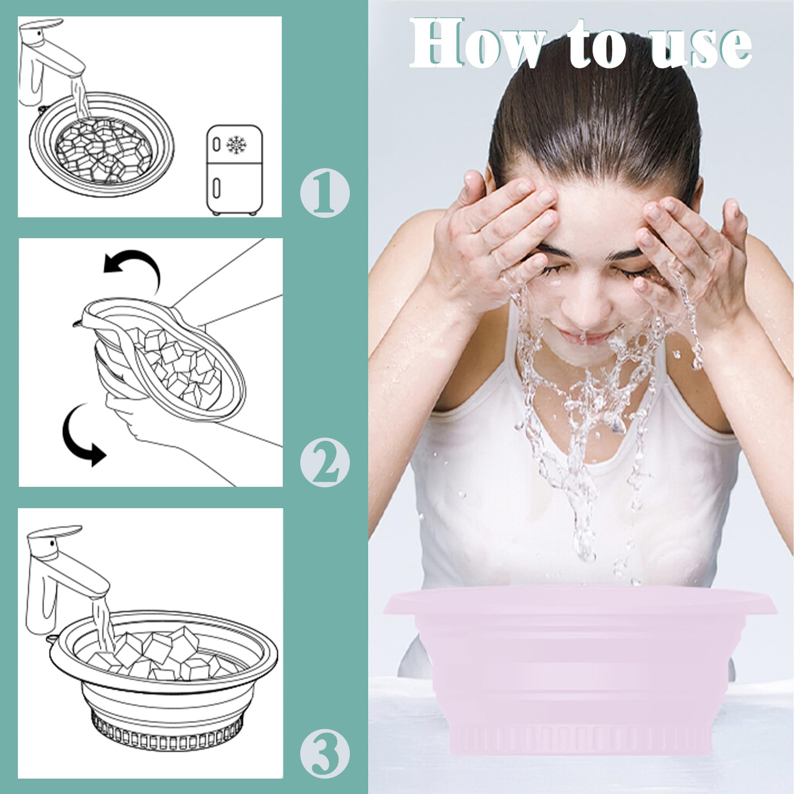 Cuenco grande de silicona para baño de hielo facial con icetray integrado, diseño plegable y colgante para un fácil almacenamiento y transporte, baño de hielo facial en casa y viajes (morado)
