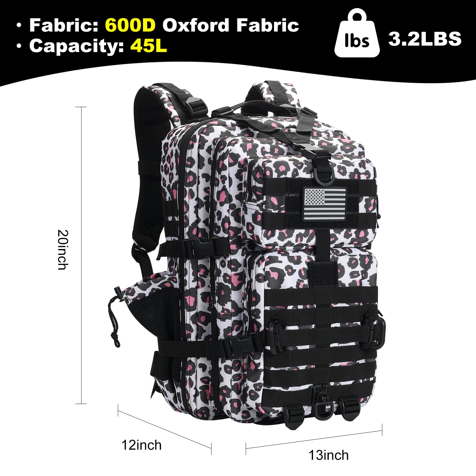 Hannibal Tactical Sac à dos tactique Molle d'assaut 45 L avec porte-bouteille, léopard