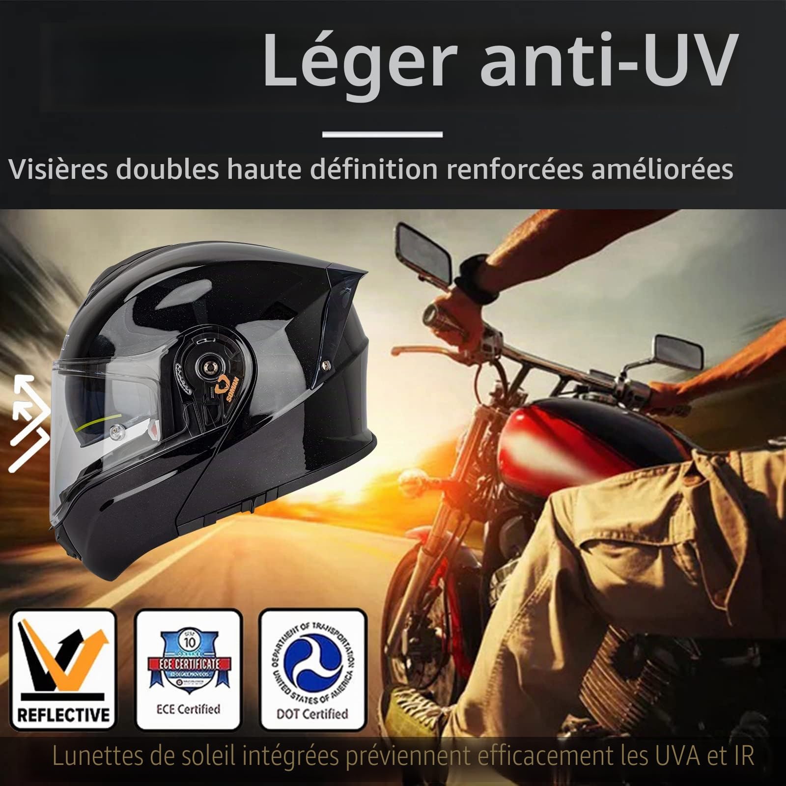 Casque Modulable Moto Scooter Casques Integral Modulables ECE/DOT Homologué Casques de Moto Homme et Femme avec Double Visière, Noir-4XL(67~68cm)