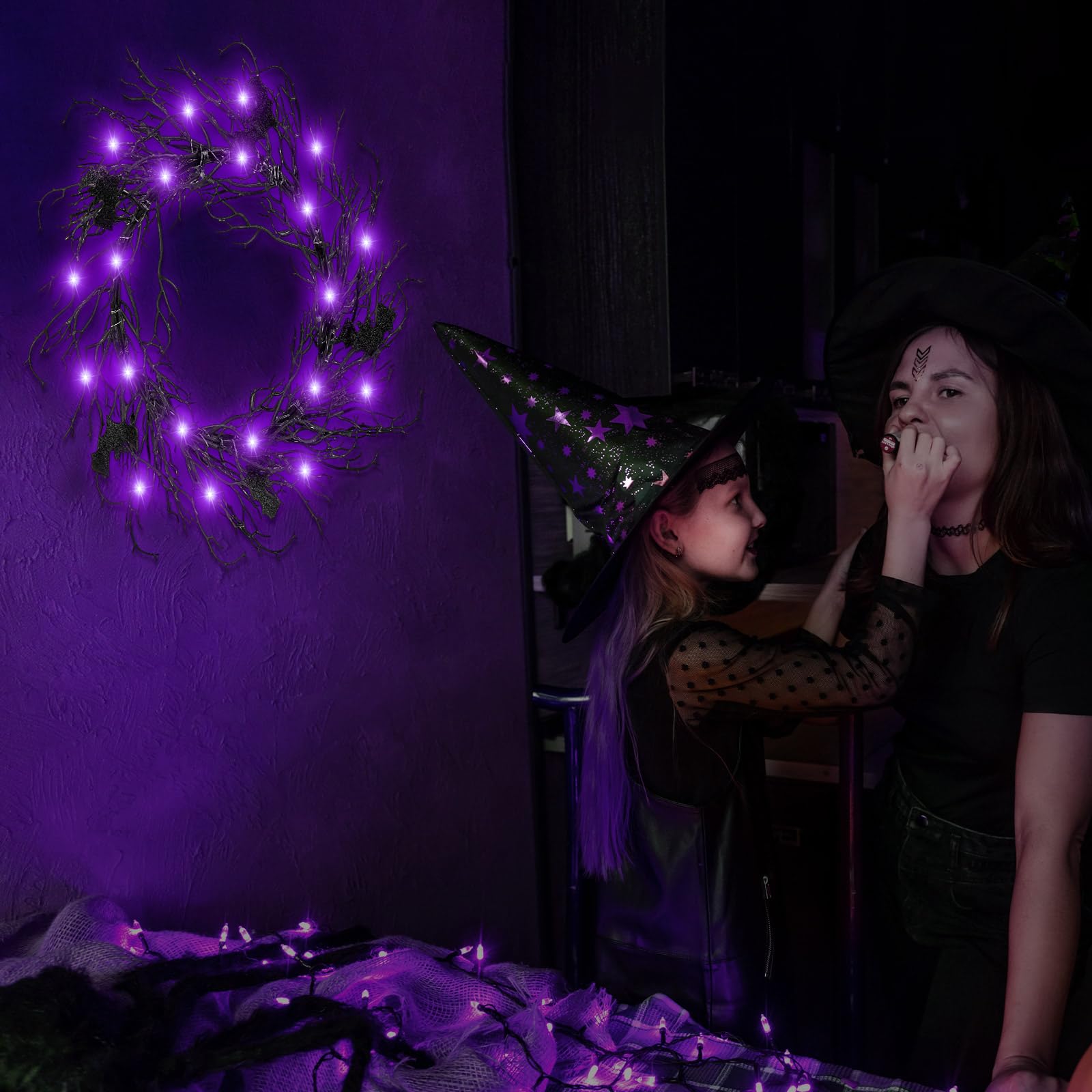 Halloween Türkranz Mit LED Lichtern - 30cm Mit Fledermäusen Und Katze