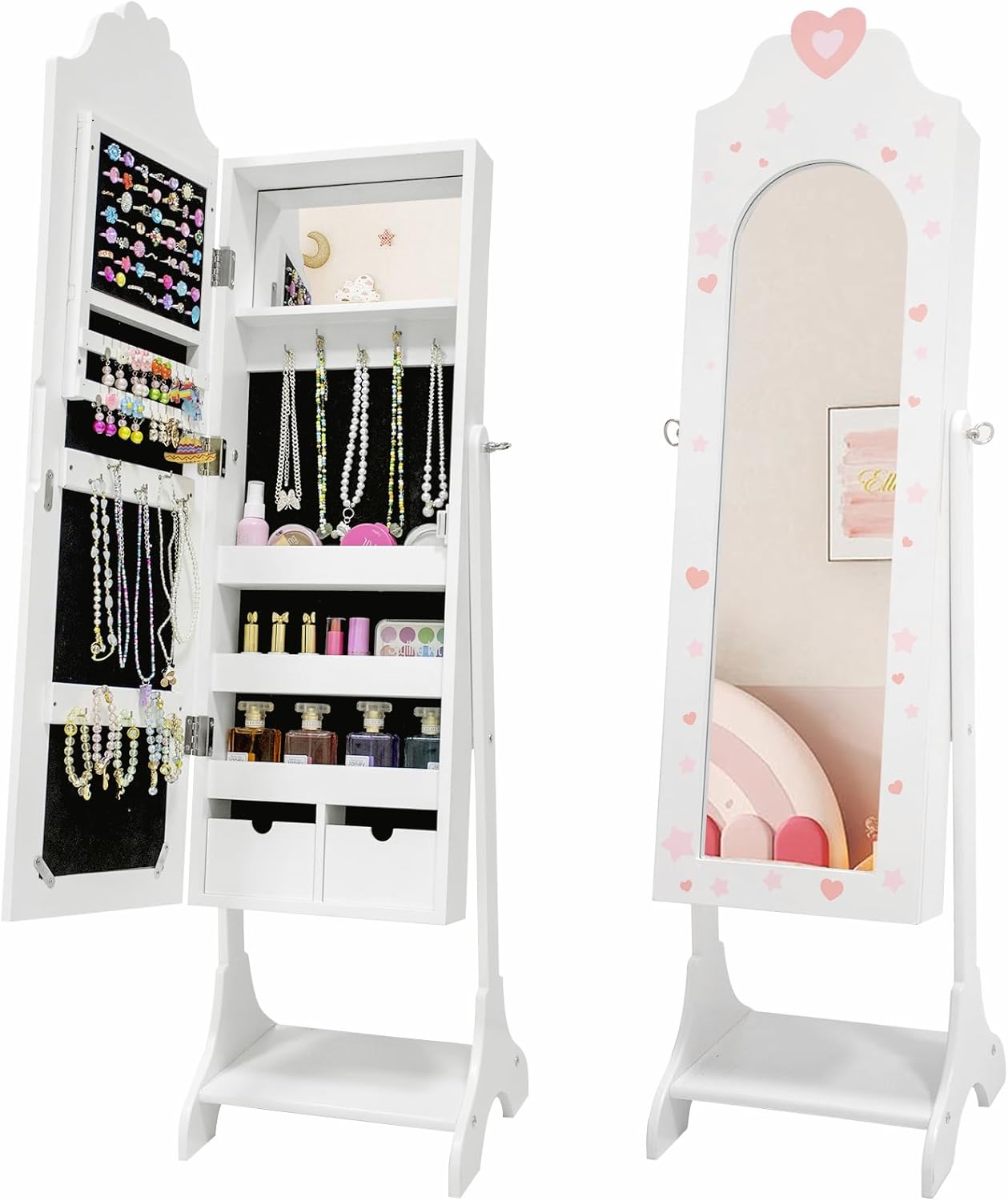 Karl home Kids Jewelry Cabinet with Full-Screen Mirror, Cute Heart Print Jewelry Box with Large Storage Capacity, Kids Vanity Dress Up Mirror Jewelry Armoire for Children Girls, White