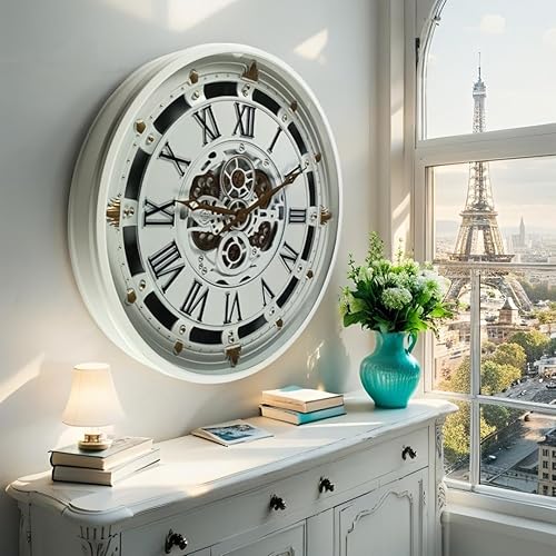 Miniatura 2 de ImprovingLife The Gears Clock - Reloj de pared de 26 pulgadas con engranajes móviles reales línea Bélgica con cubierta de vidrio (blanco, 26