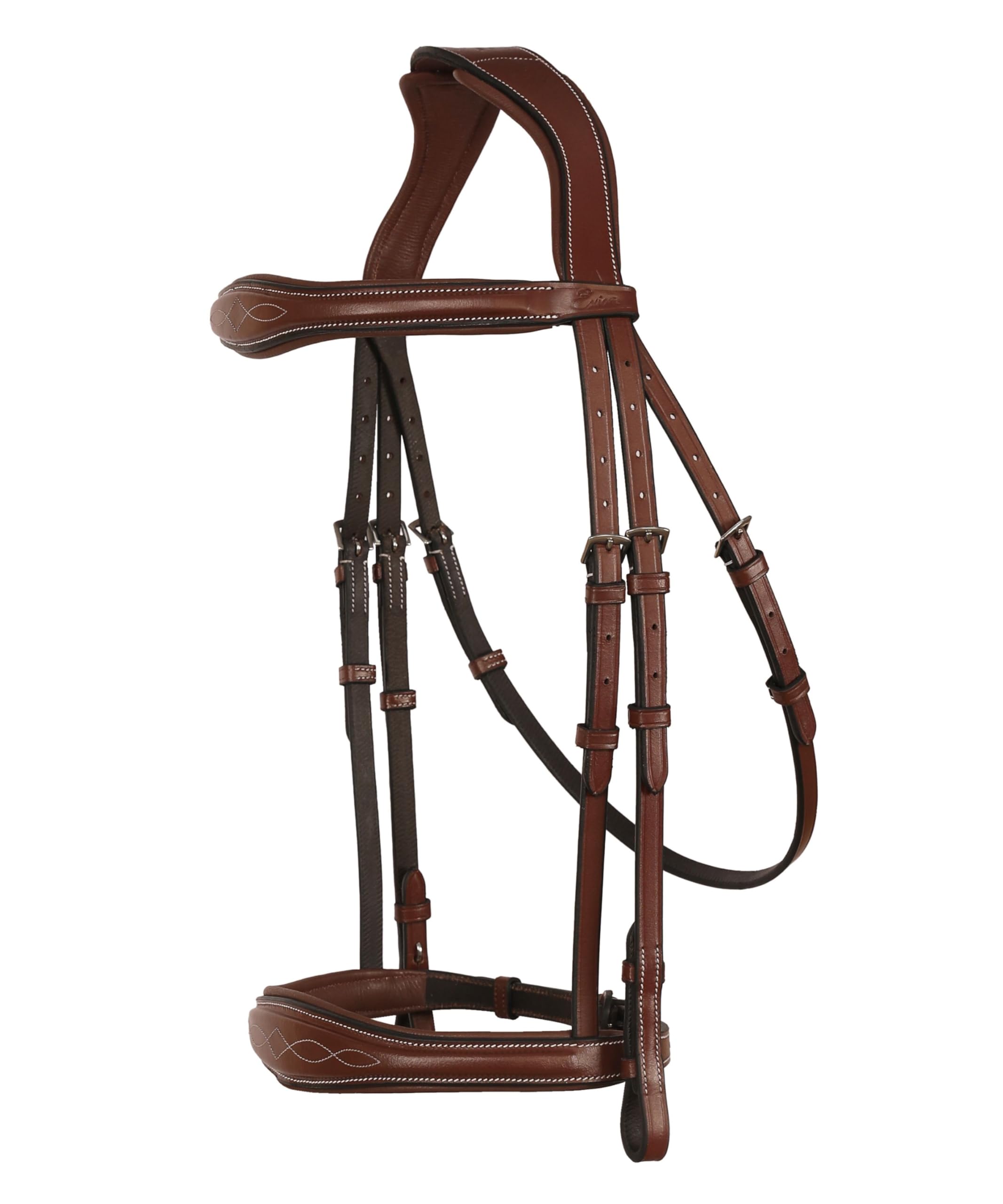 Exion Hunter Anatomic English Bridle – Padded Fancy Stitched Leather Bridle with Rubber Reins – Ergonomic Poll Relief Crownpiece for Show Jumping & Eventing – Stainless Steel – Havana Brown