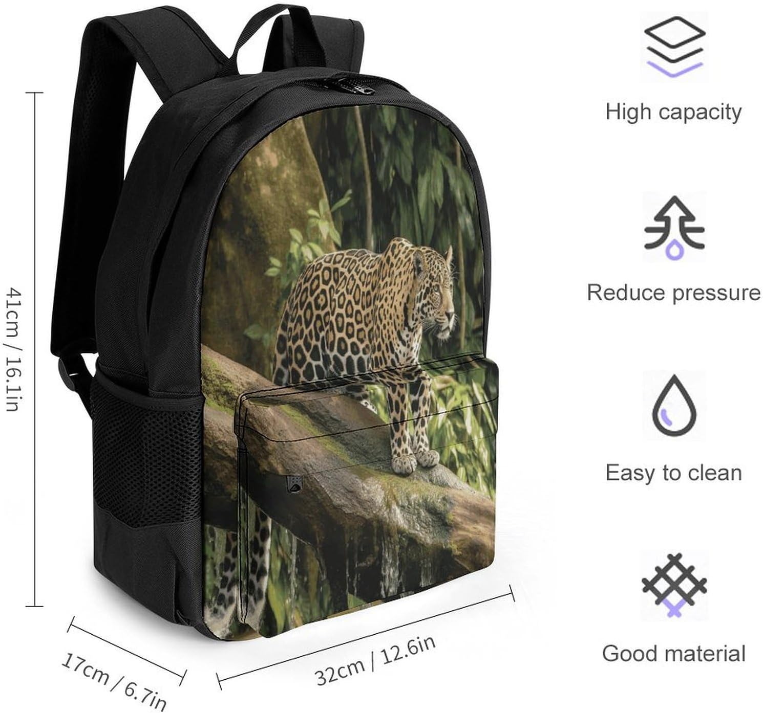 Jaguar Cat on Tree Trunk Waterfall Backpack Daypack Travel Backpack | Lightweight Casual Laptop Backpack for Women Men Aesthetic Travel Bag for Weekender Business Hiking Outdoor