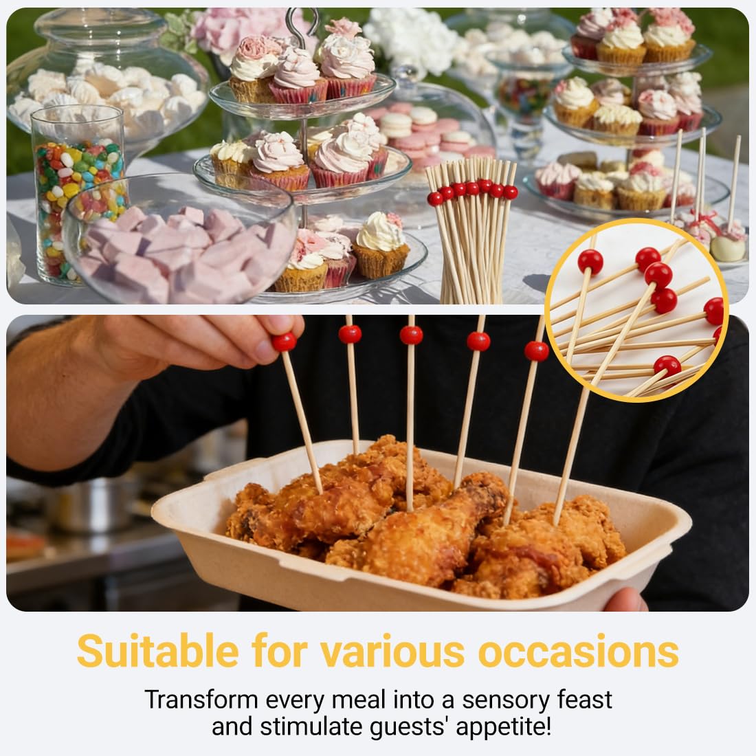 12cm stuzzicadenti cocktail, 100 pezzi, bastoncini da cocktail legno, con perline rosse, stecchini per aperitivo,stuzzicadenti decorativi,per bar,feste di carnevale,feste decorativi