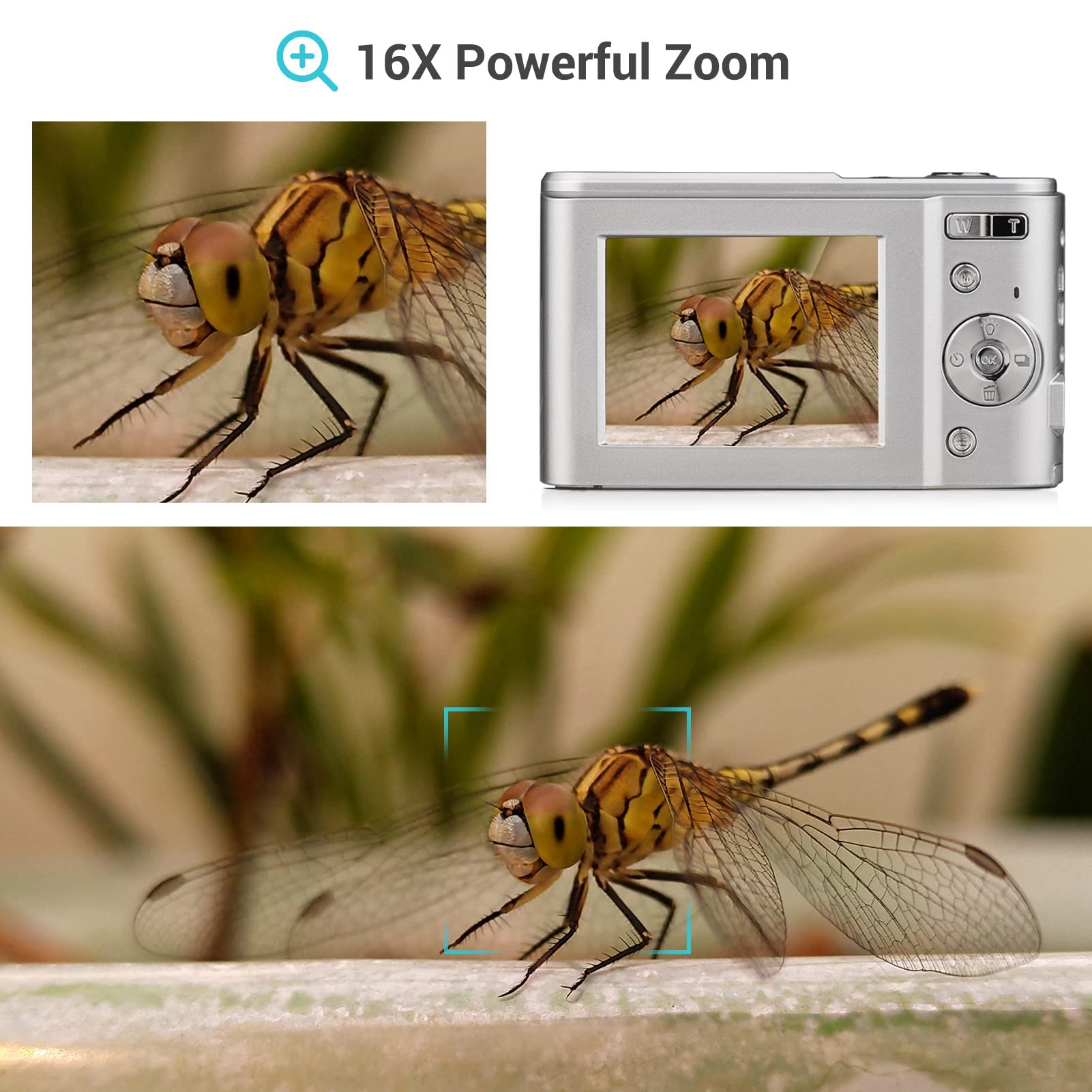 Andoer Przenośny aparat cyfrowy 48 MP 1080p 2,4" IPS 16X zoom 16X samowyzwalacz autofokusowy 128 GB rozszerzona pamięć wykrywanie twarzy zapobiegający wstrząsom z 2 bateriami Pasek do noszenia