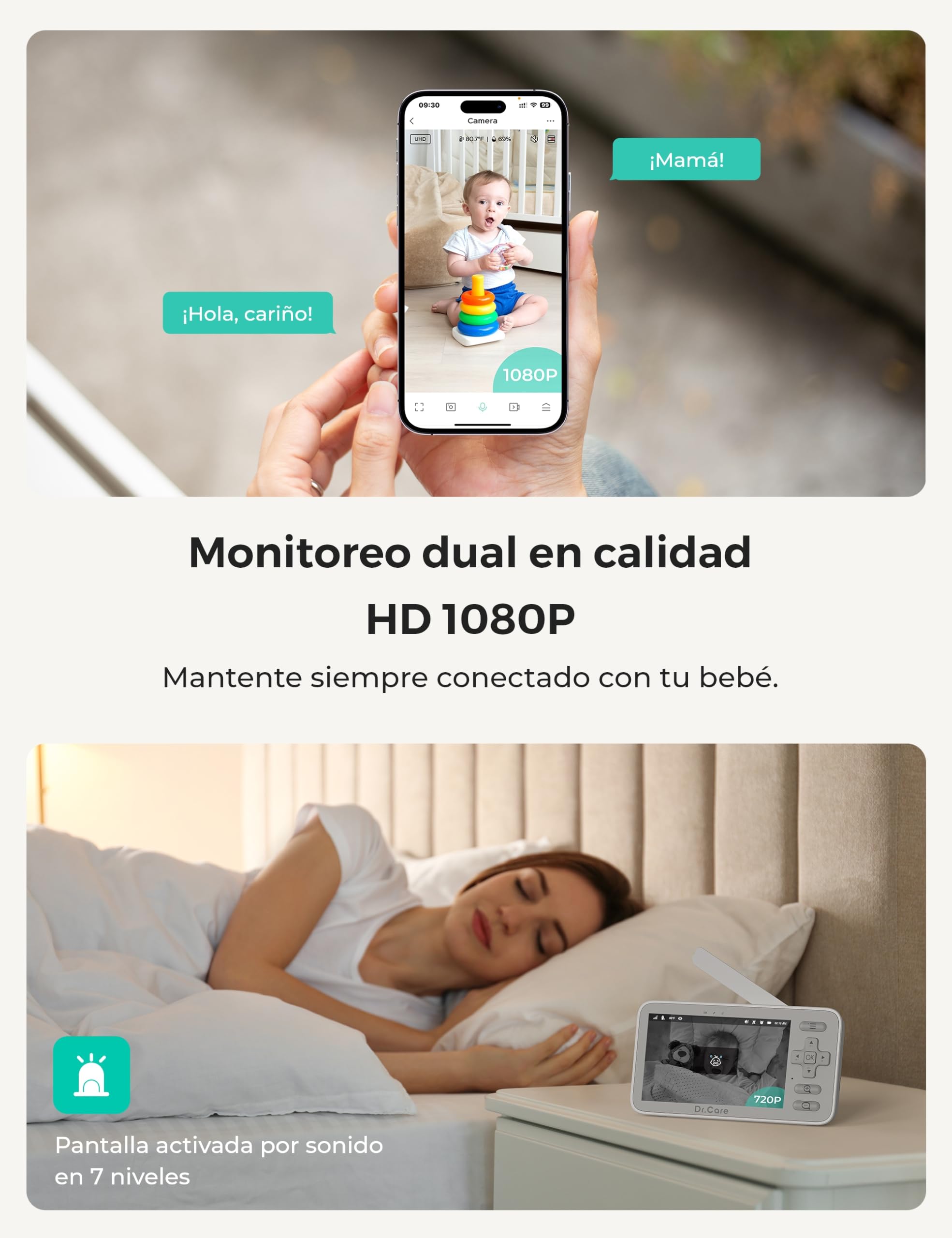 Dr.Care VistaView Lite WLAN Monitor Bebés Conectado, 1 Soporte Clip, 2 Cámaras, Pantalla Split 4'', Monitor 720P, Cámara 1080P, App, Visión Nocturna, Audio Bidireccional, Alcance 300m