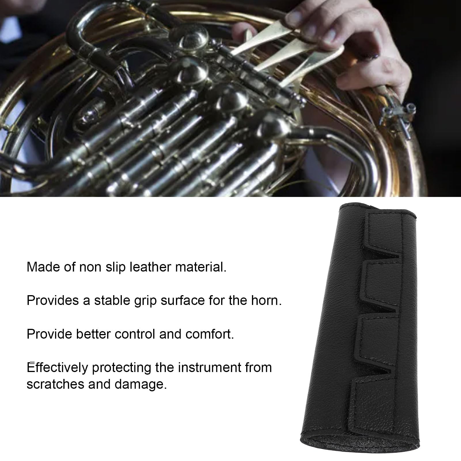 Protège-Main en Corne Française, Protection D'instrument Durable Antidérapante en Cuir, Installation Facile, Coussinet de Main en Corne Française pour Cor Français (BLACK)