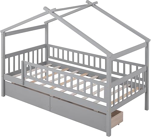 Miniatura 107 de RUNNA Marco de cama de madera de tamaño matrimonial con valla, para niños, adolescentes, niñas, niños, (Natural-Thinck 4col) Natural-Thinck