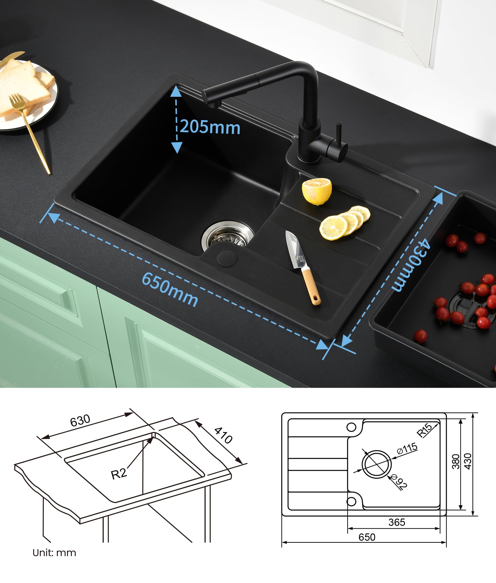 Fregadero Cocina Negro de Granito,Fregadero Cocina 1 Seno con Escurridor 65x43cm,Cesta de Escurrido + Fregadero Interior Adicional + Accesorios de Desagüe,Apto para Muebles Bajos desde 40cm de Ancho