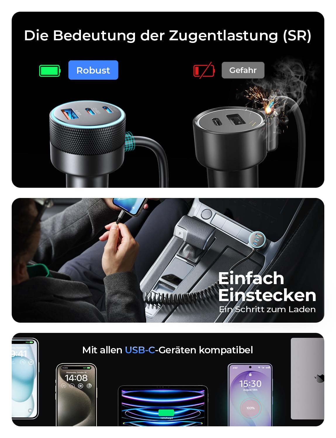 LISEN 90W USB C Auto Ladegerät Zigarettenanzünder, mit PD 45W USB C Spiralkabel, Hält den Auto Deko Innenraum ordentlich, Ideal zum Schnellladen 4 Geräten, für iPhone 17 Pro Max, MacBook Neo, Android