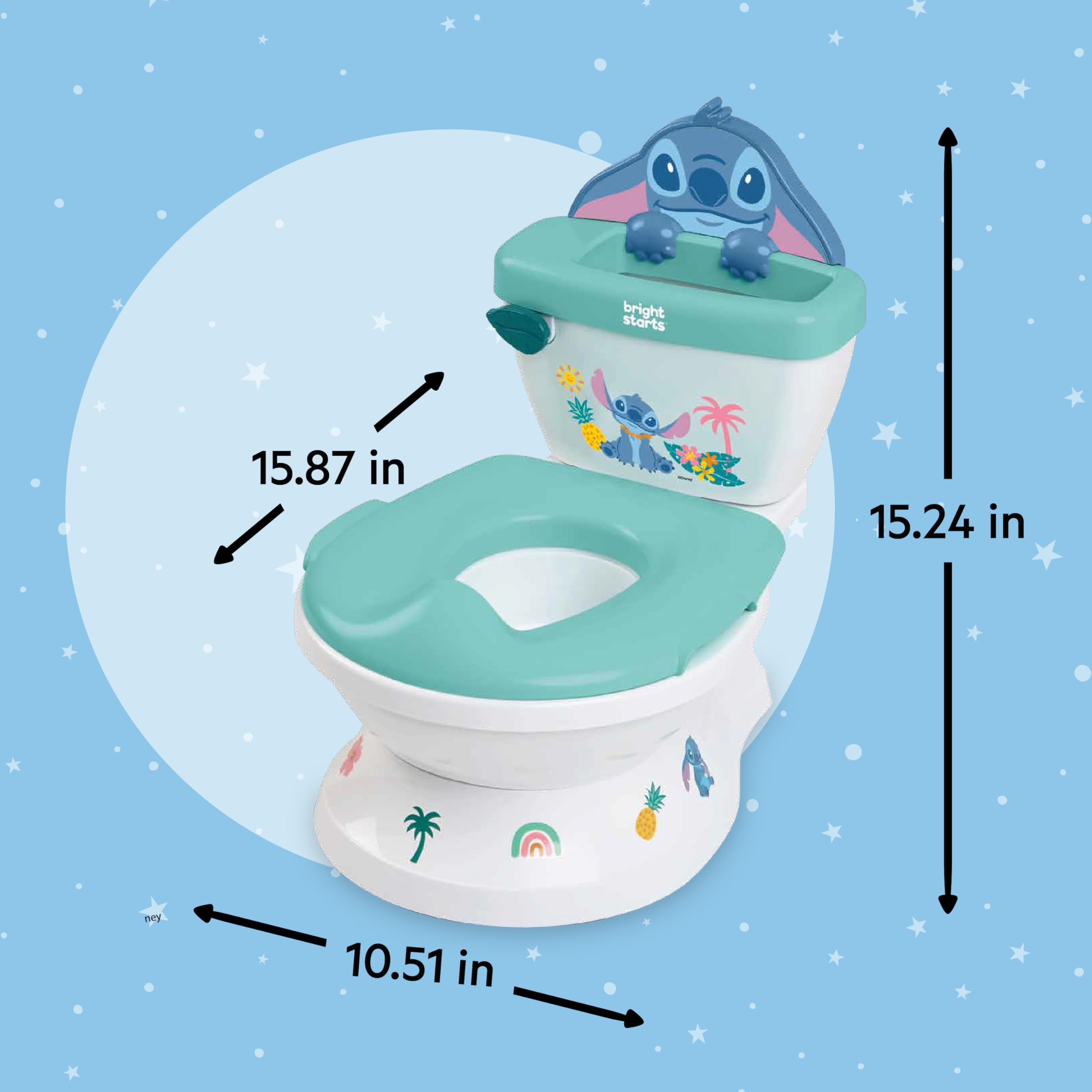 Disney Baby Stitch My Size Töpfchen von Bright Starts, 2-in-1 Kinder-Töpfchen mit Spülgeräusch, Abnehmbarem Toilettensitz, Enthält 12 Aufkleber, Töpfchentraining, Ab 18 Monaten