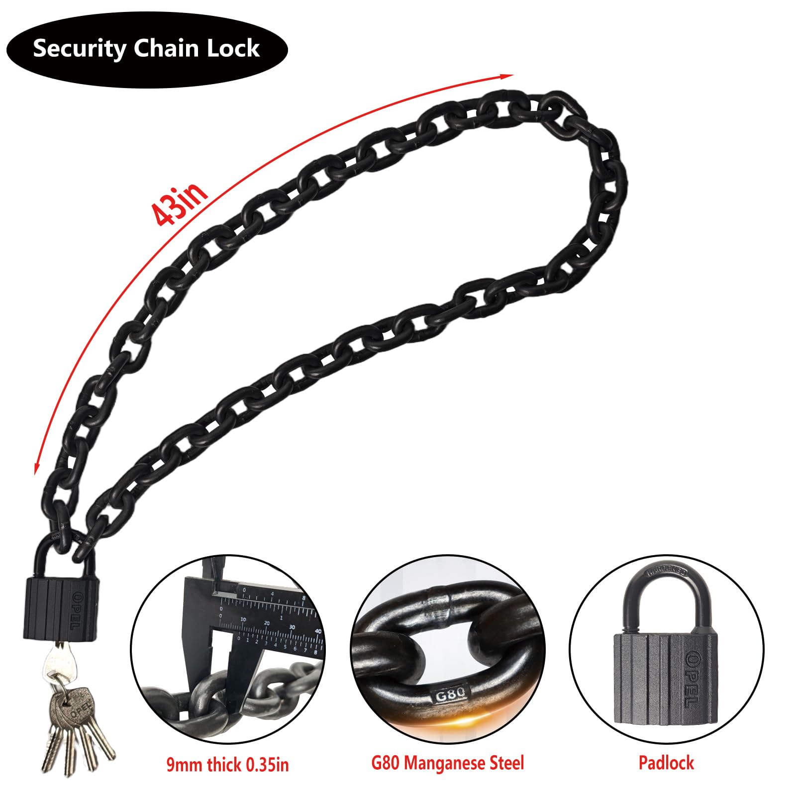 Catena di sicurezza, 109 cm, resistente, 8 mm, in acciaio al manganese G80, antiruggine e antifurto, catena con lucchetto per bici, scooter, moto, porte, cancelli, recinzioni