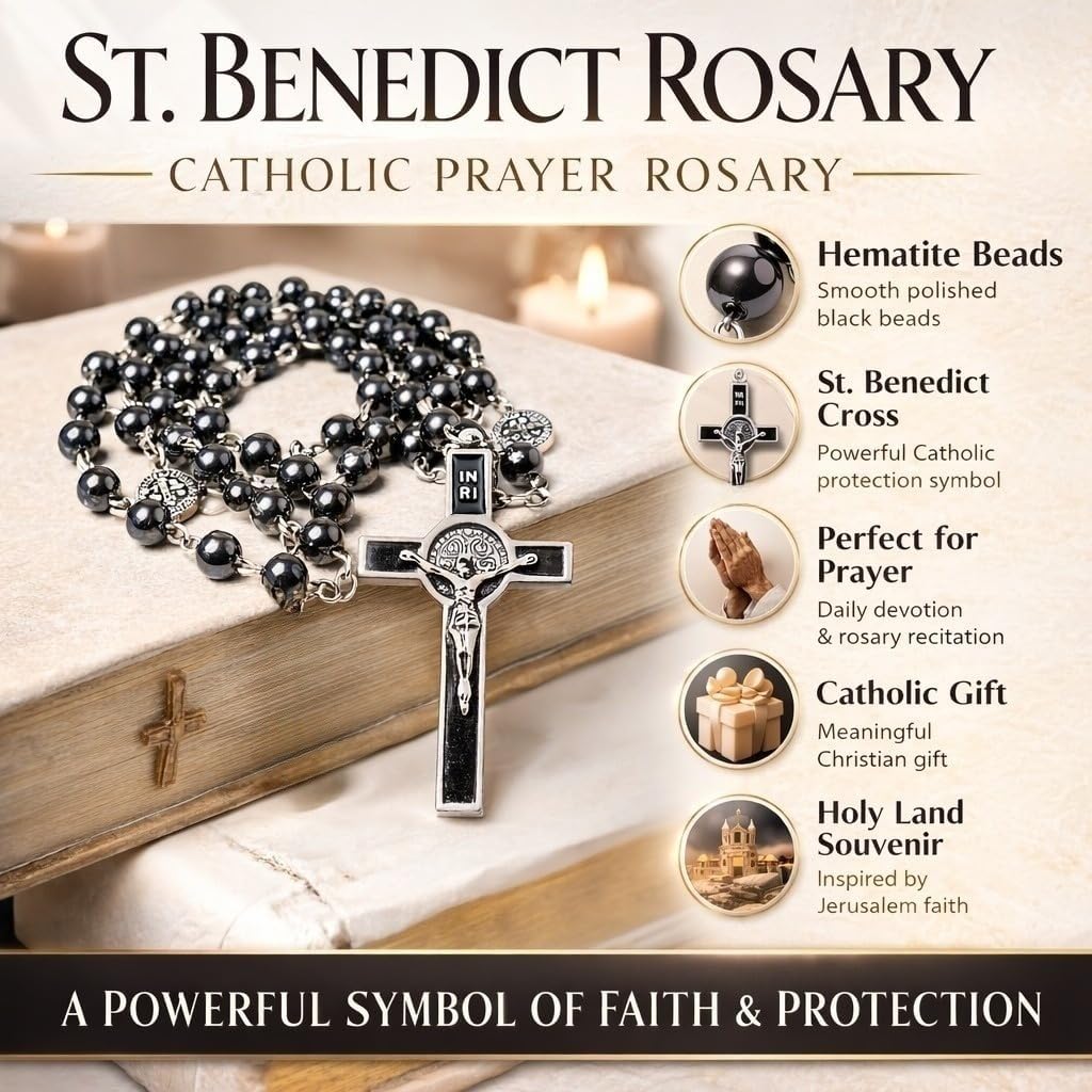 TALISMAN4U CATHOLIC ROSARY NECKLACE Black Hematite Beads Saint St Benedict Medal & Cross Gift Box