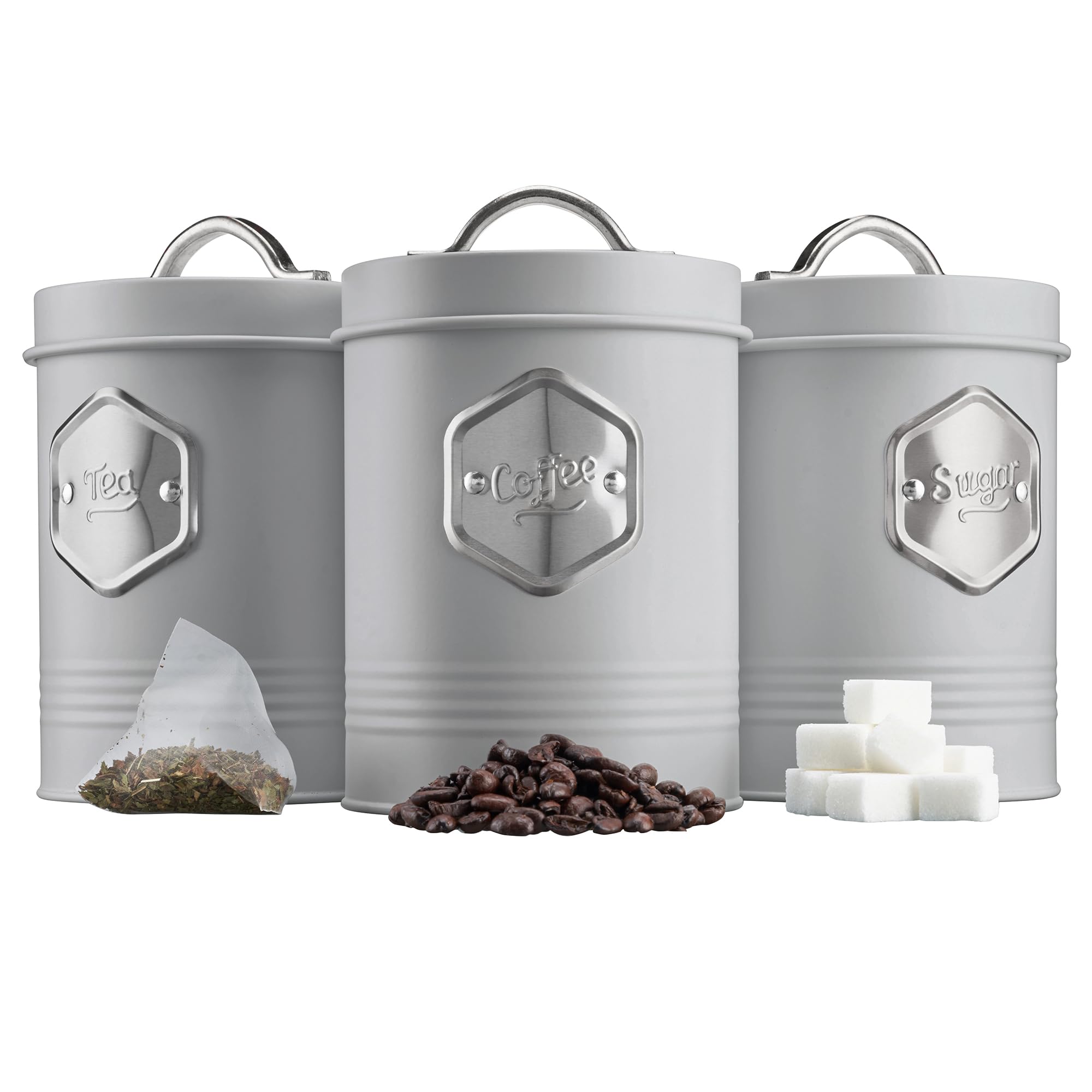 Cooks Professional 3 Piece Tea Coffee Sugar Cannister Set | Labelled Storage Tins | Containers with Airtight Lids | Canisters for Kitchen Accessories & Essentials | Grey & Silver โ image 1