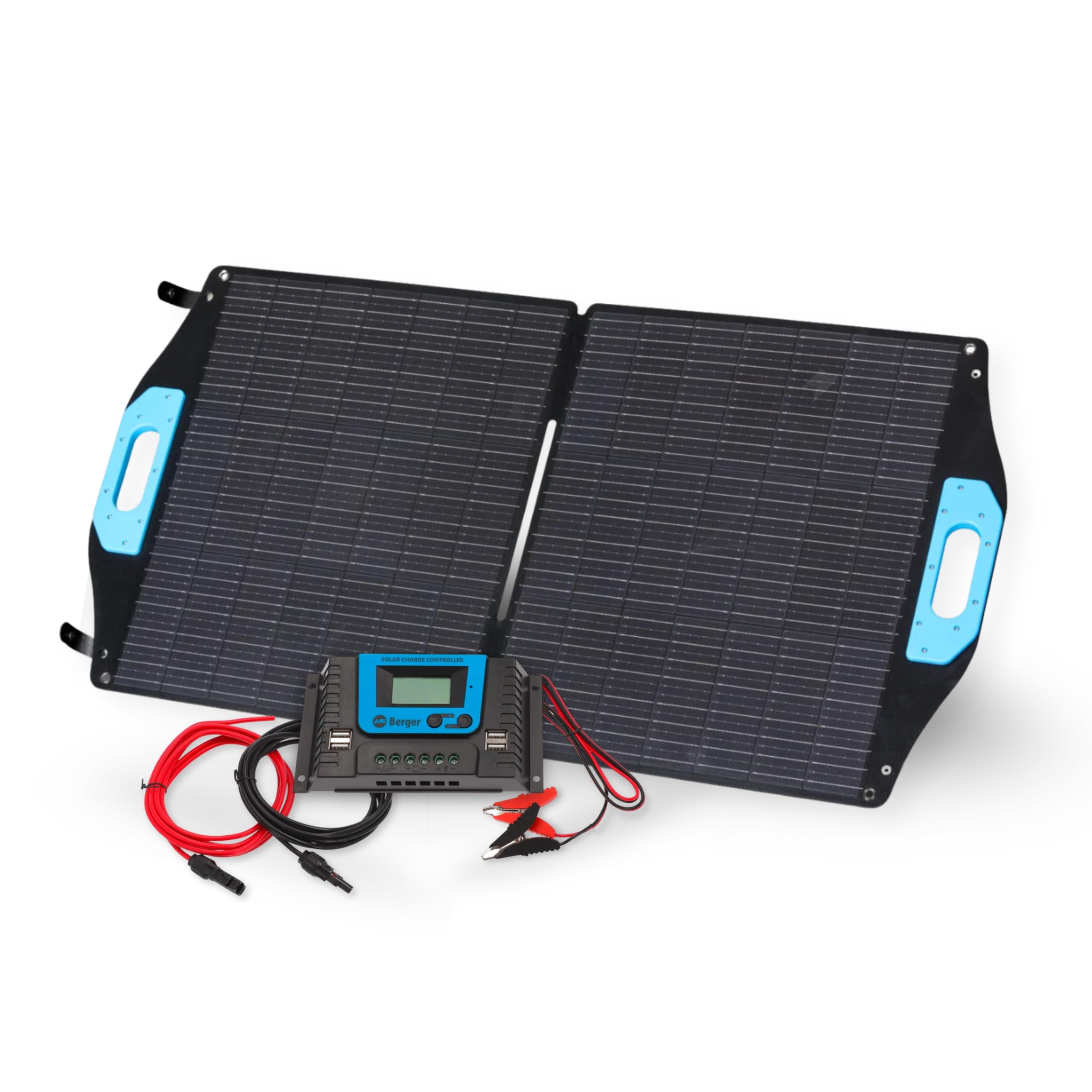 BERGER Kit de panneau solaire pliable 100 W avec régulateur de charge - Module solaire complet avec MC4 et pinces crocodiles - Panneau solaire de camping pour station d'alimentation et batterie