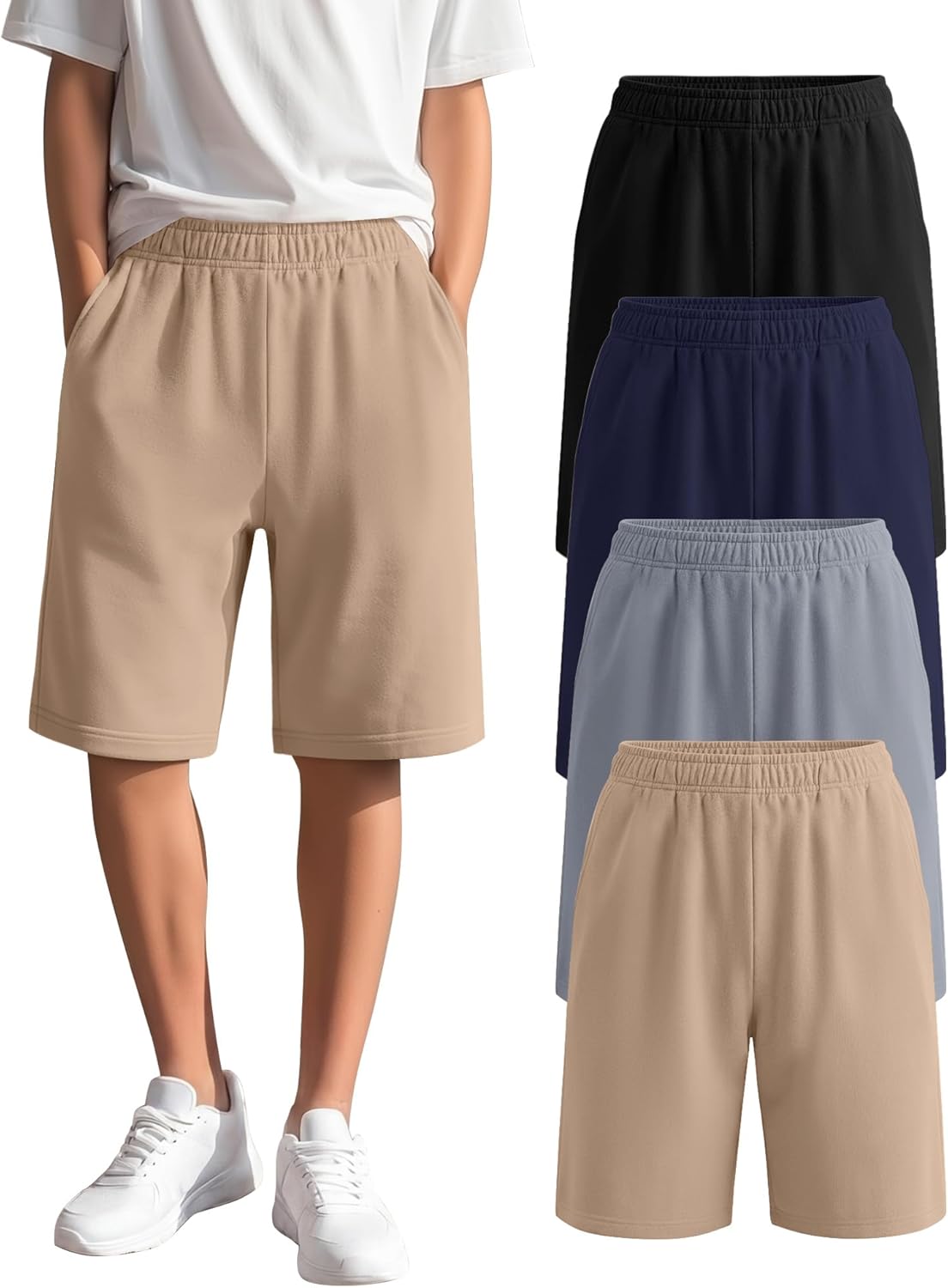 4 Pack Boy's Shorts Athletic Elastic Waist Bermuda Shorts Kids Casual Summer Clothes with Pockets 5-16 Years