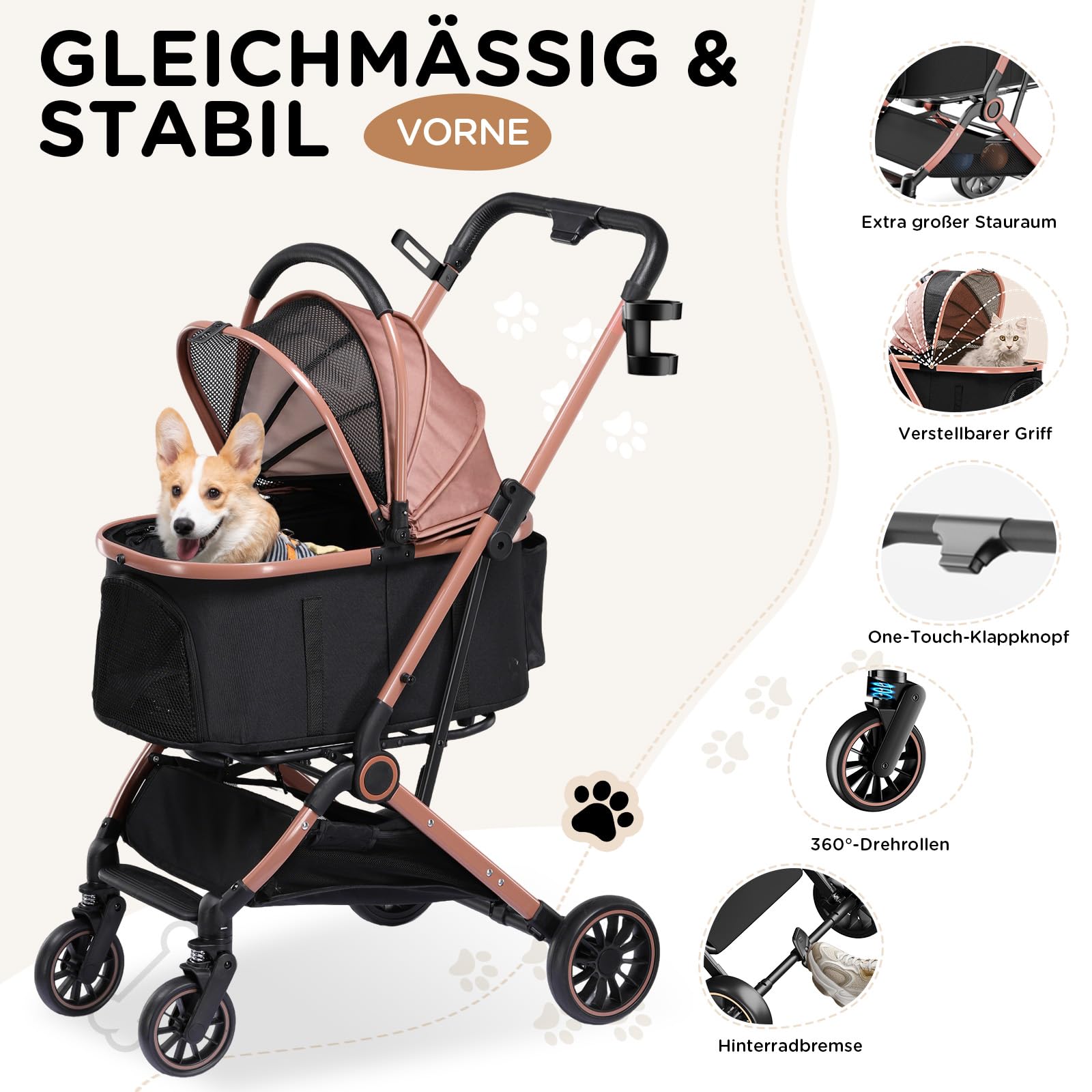 GTPLAYER Hundewagen 4 in 1 Hundebuggy, Hundebox klappbar Hund Kinderwagen bis 25kg, Faltbar Katzenwagen mit 360°Drehrädern, Netzfenstern, Verstellbaren Markise&Getränkehaltern, Roségold