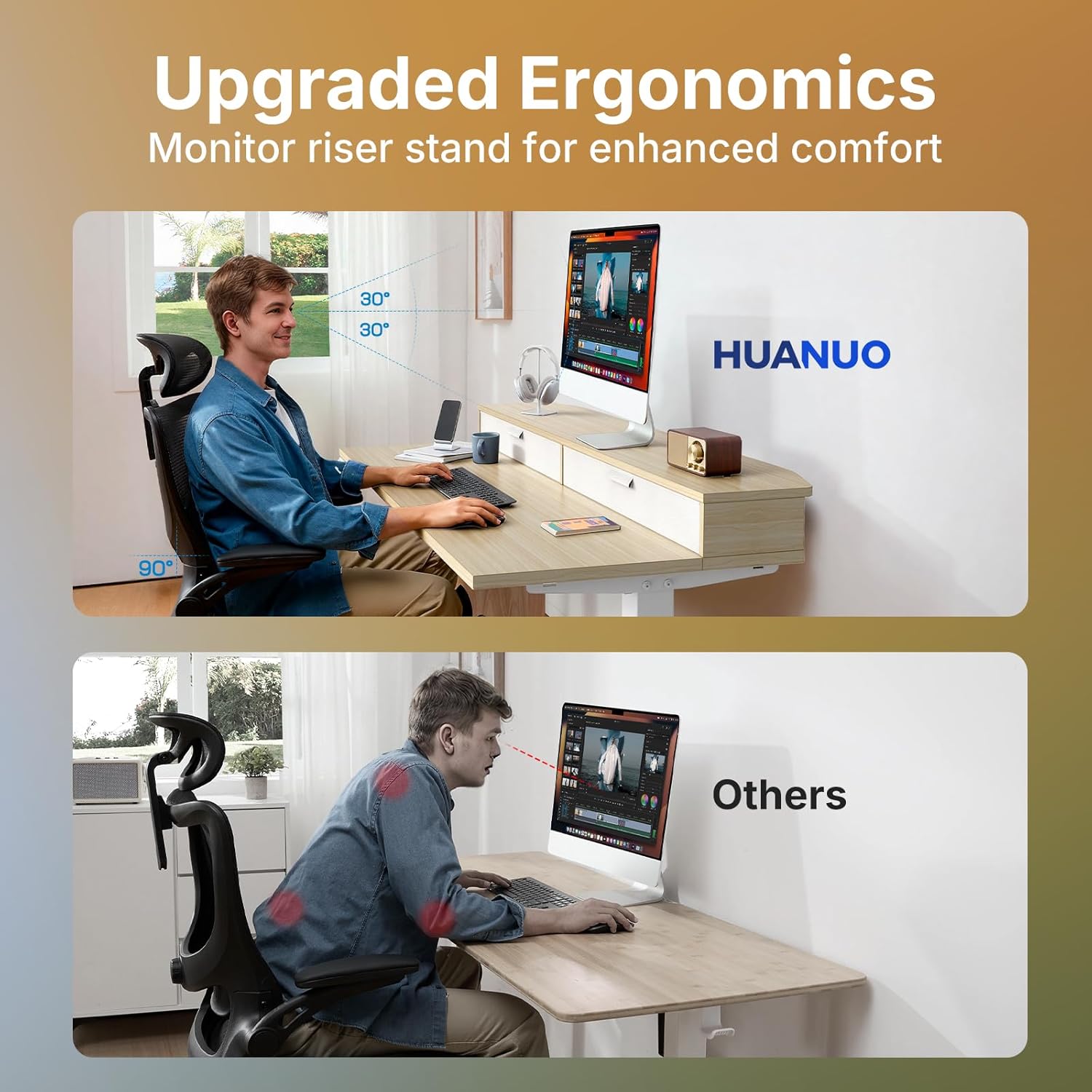 HUANUO 32 x 21 inch Small Electric Standing Desk with 2 Drawers, C-Clamp Mount Compatible, Height Adjustable Sit Stand Desk, Home Office Stand Up Desk with 4 Memory Height Settings, Light Walnut