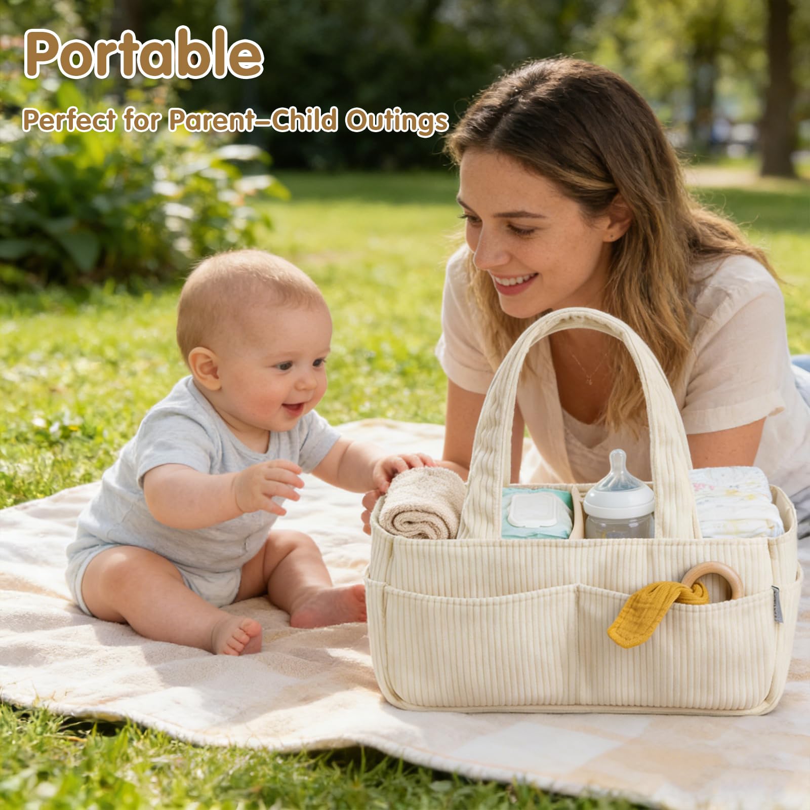Panier de Rangement Bébé, Organiseur de Couches pour Table à Langer Bebe, Panier Portable de Rangement pour Couches et Lingettes pour Bébé, Cadeau pour Fête Prénatale et Naissance (Beige)