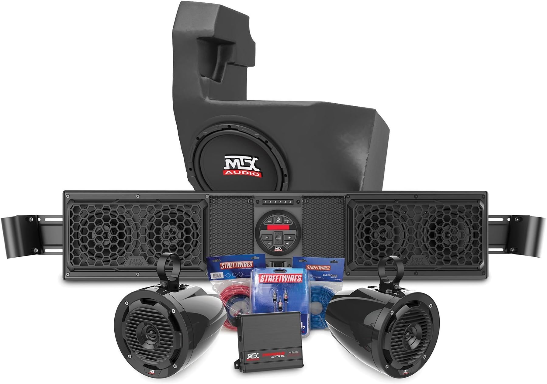 MAVERICKBOAKIT3 for Can-Am Maverick. Bluetooth Overhead Audio Sound Bar with 2-Channel Amplifier, 2 Roll Cage Speakers, and Powered Subwoofer Enclosed System by MTX Audio