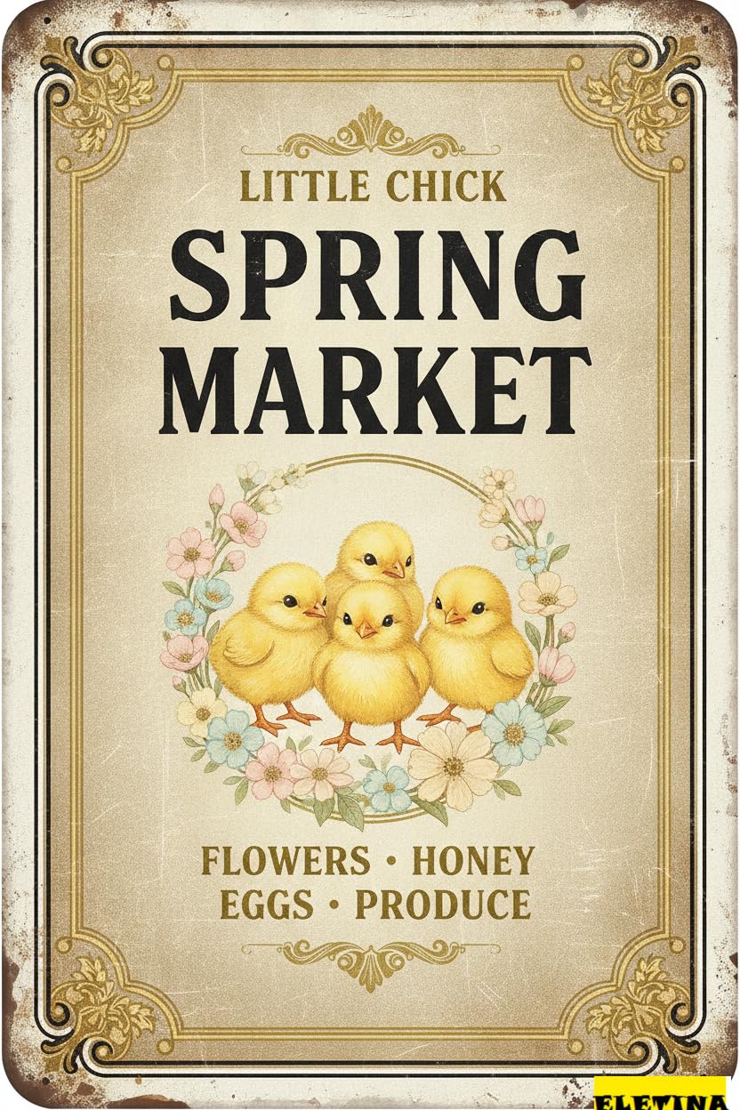 Little Chick Spring Market Tin Sign, 8x12 Inch Decor