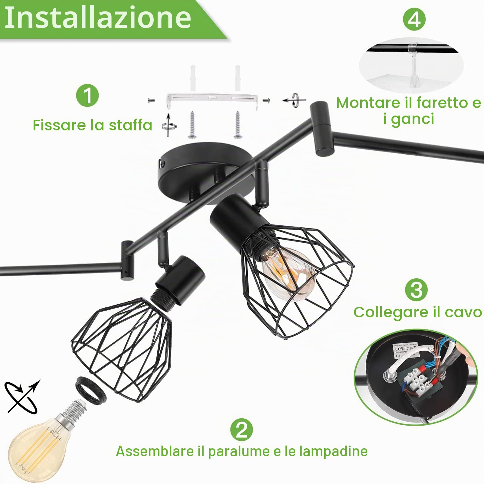 Kimjo Plafoniera a LED 6 faretti orientabili, faretto da soffitto nero, lampada da soffitto, cucina, E14, plafoniera da soffitto, illuminazione da soffitto a LED, retrò applique da soffitto per
