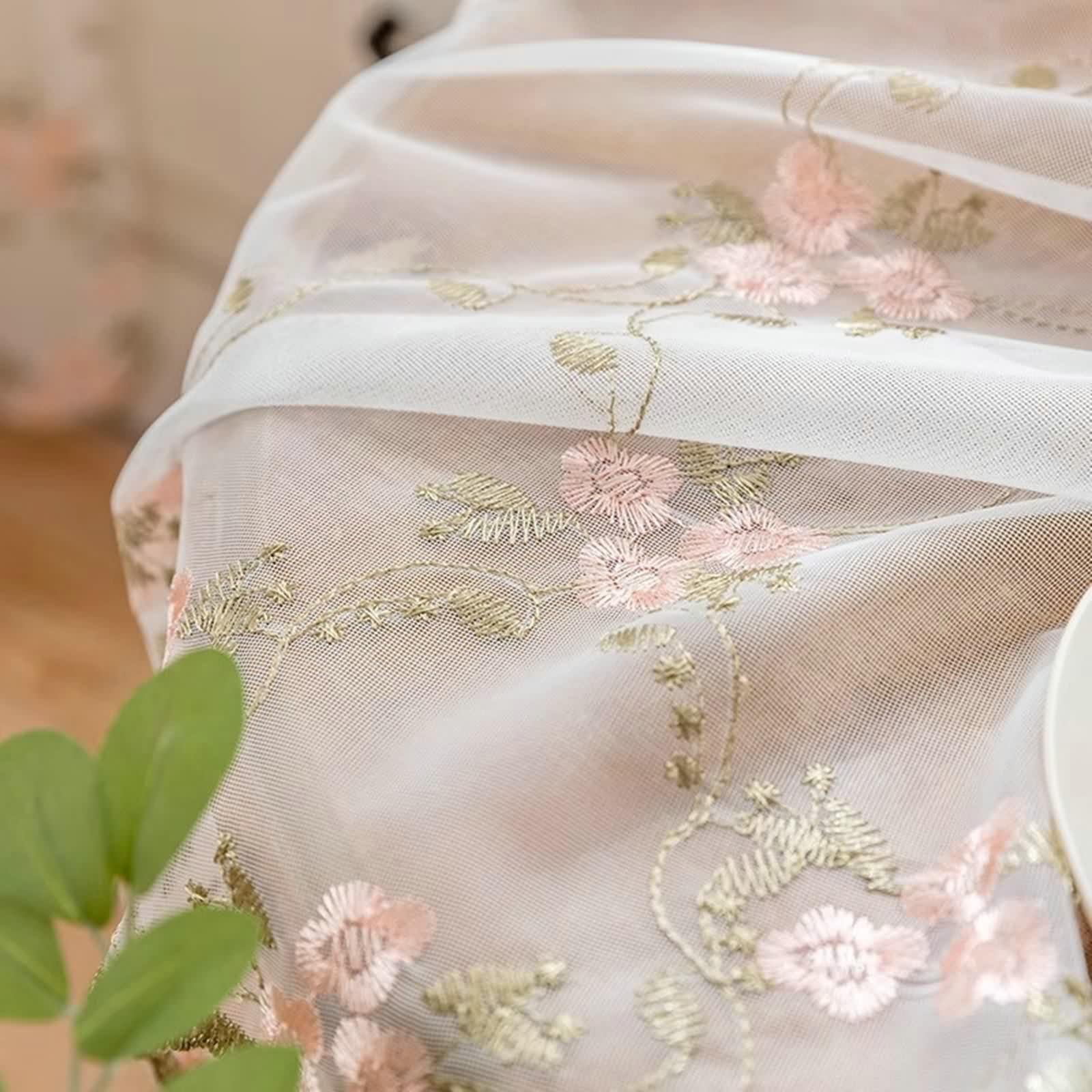 Rideau Fenetre Longue, Voile Rideau Fenetre Blanc Rose Vert Polyester Fleurs et Feuilles Brodées 2 Pièces LxH 300x270cm